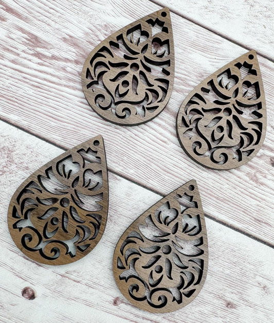Wood Teardrop Intricate Cutout Earring Blanks, Finished Walnut Blank, DIY Jewelry Making