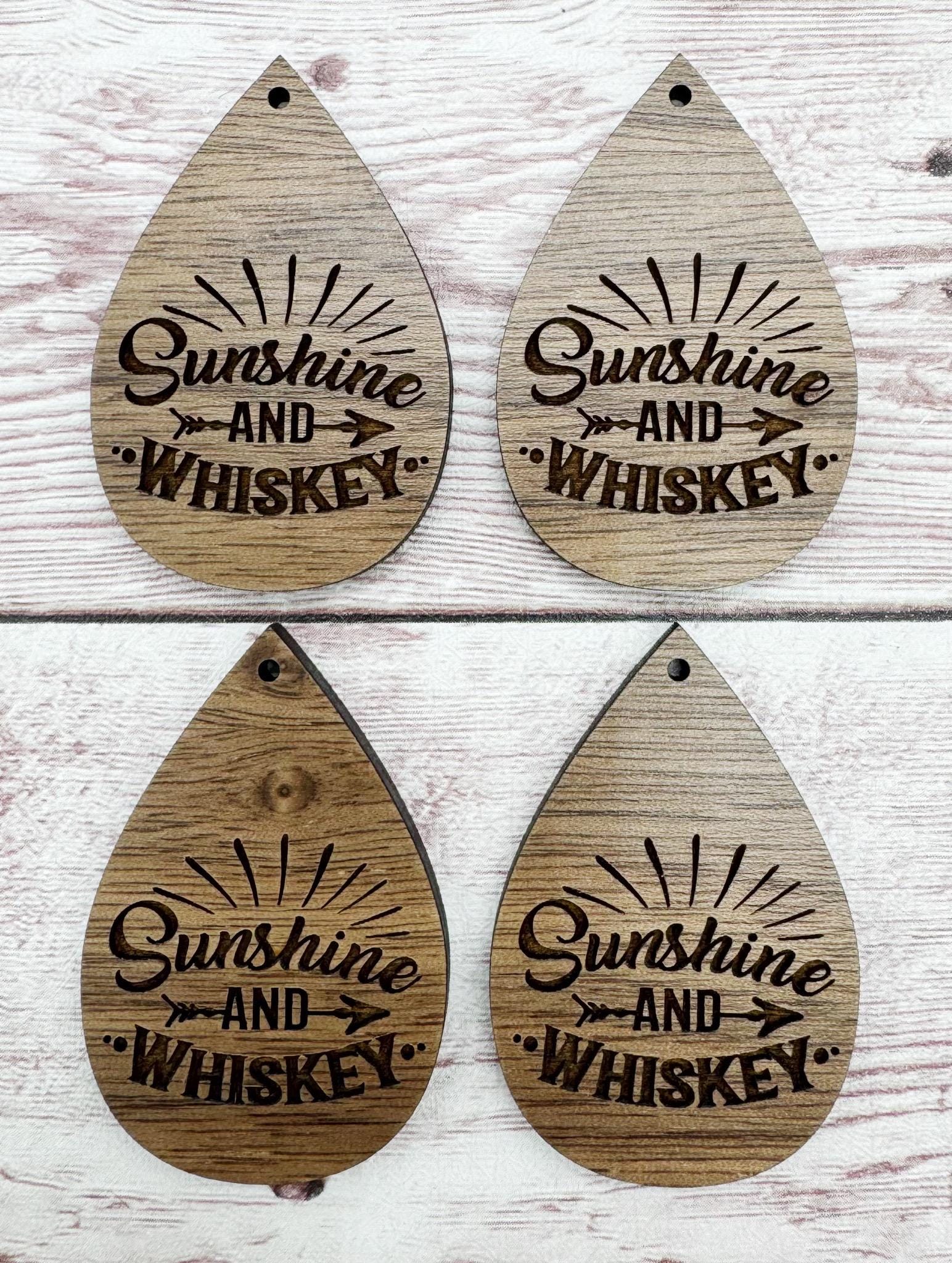 Wood Engraved Sunshine and Whiskey Earring Blanks, Finished Walnut Blank, DIY Jewelry Making