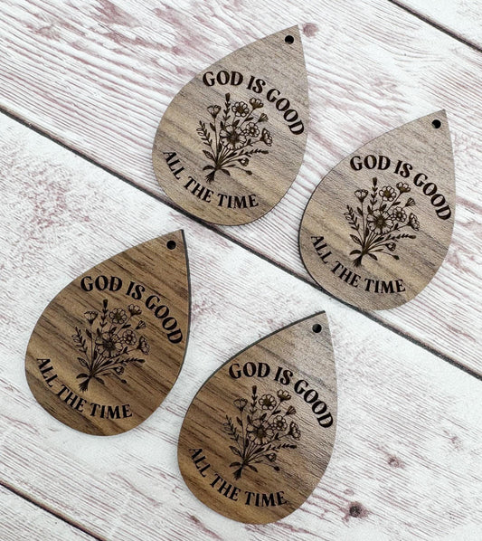 Wood Engraved God is Good All the Time Floral Religious Earring Blanks, Finished Walnut Blank, DIY Jewelry Making