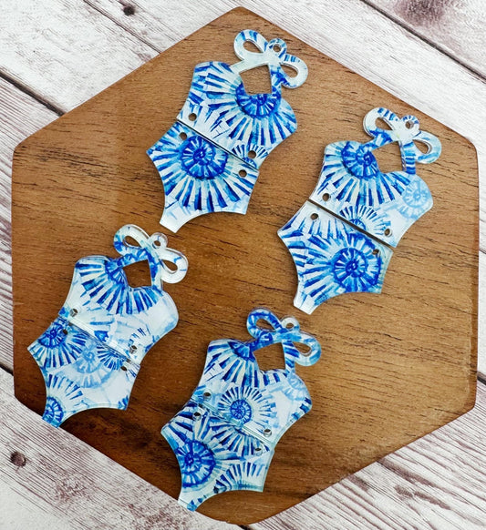 Blue Spiral Print Swimsuit Summer Beach Earring Blanks, DIY Jewelry Making