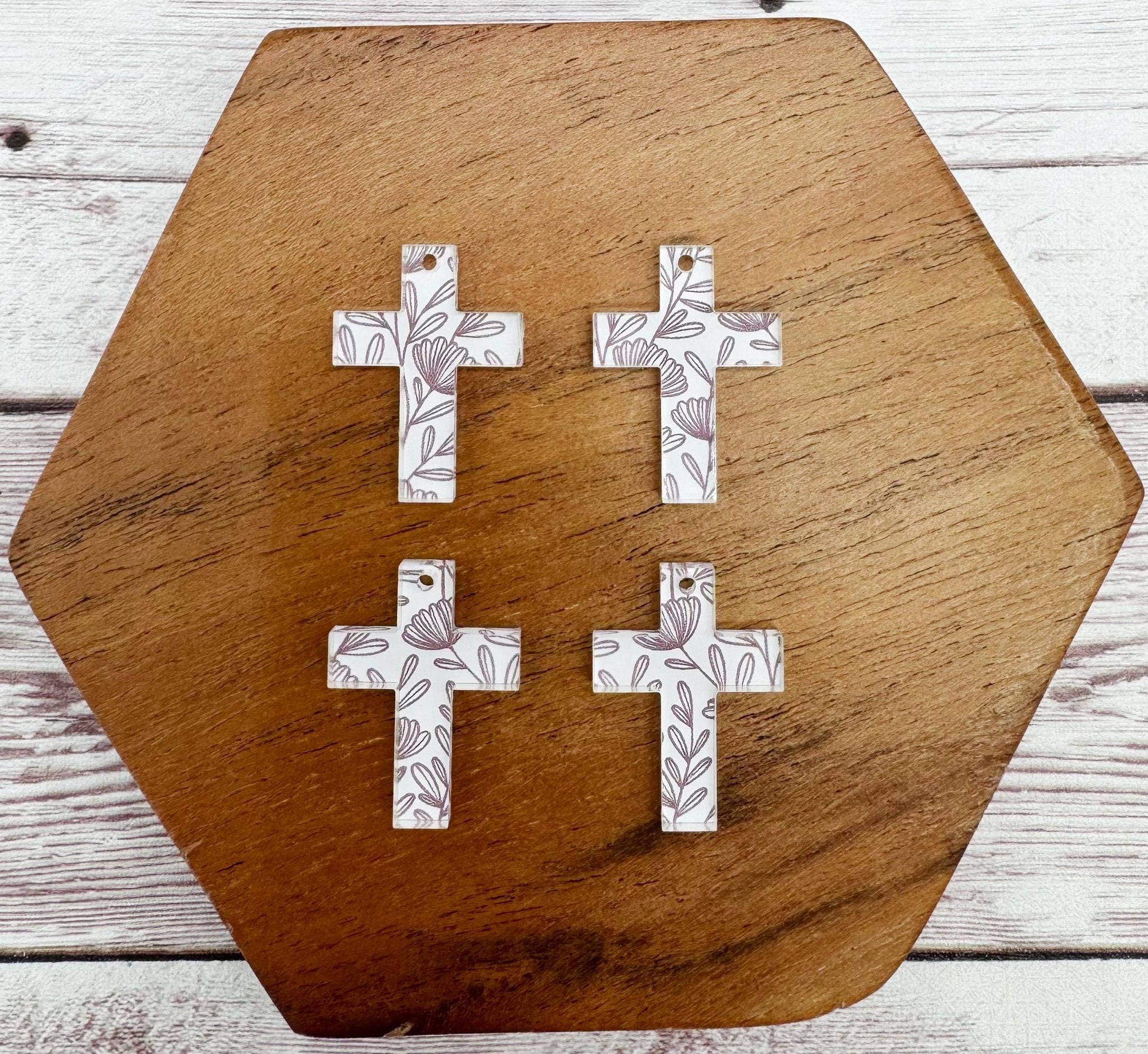 Set of 2 Pair Mini Purple and White Floral Acrylic Cross Earring Blanks DIY Jewelry Making
