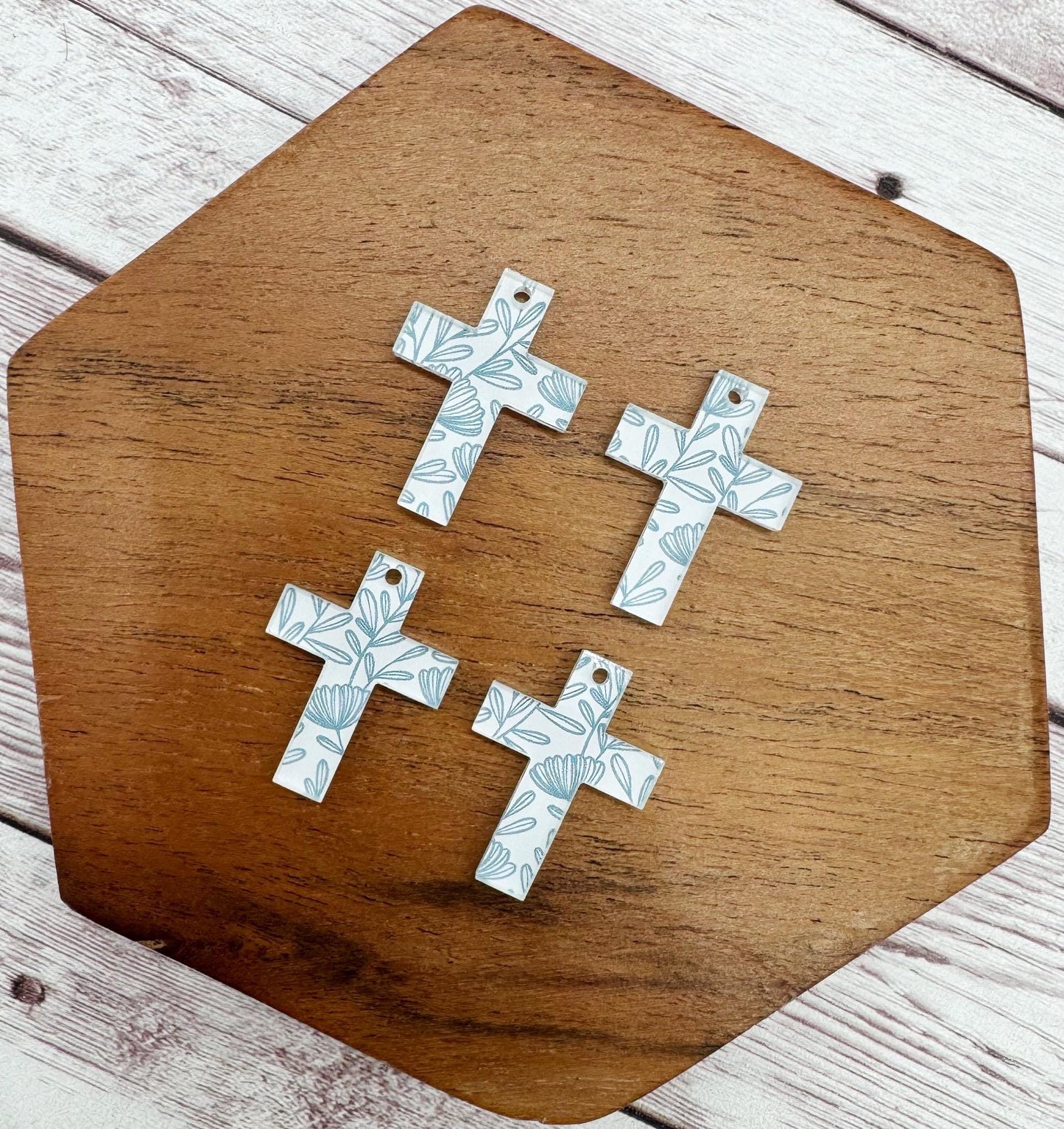 Set of 2 Pair Mini Blue and White Floral Acrylic Cross Earring Blanks DIY Jewelry Making