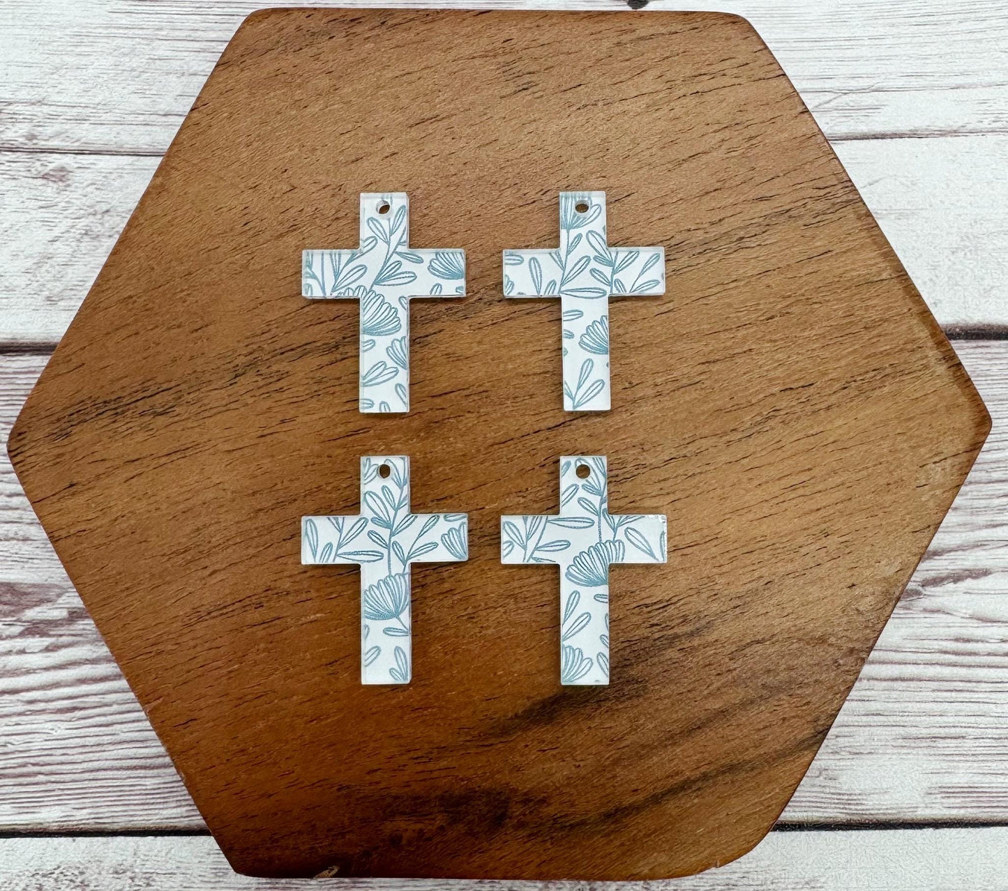 Set of 2 Pair Mini Blue and White Floral Acrylic Cross Earring Blanks DIY Jewelry Making