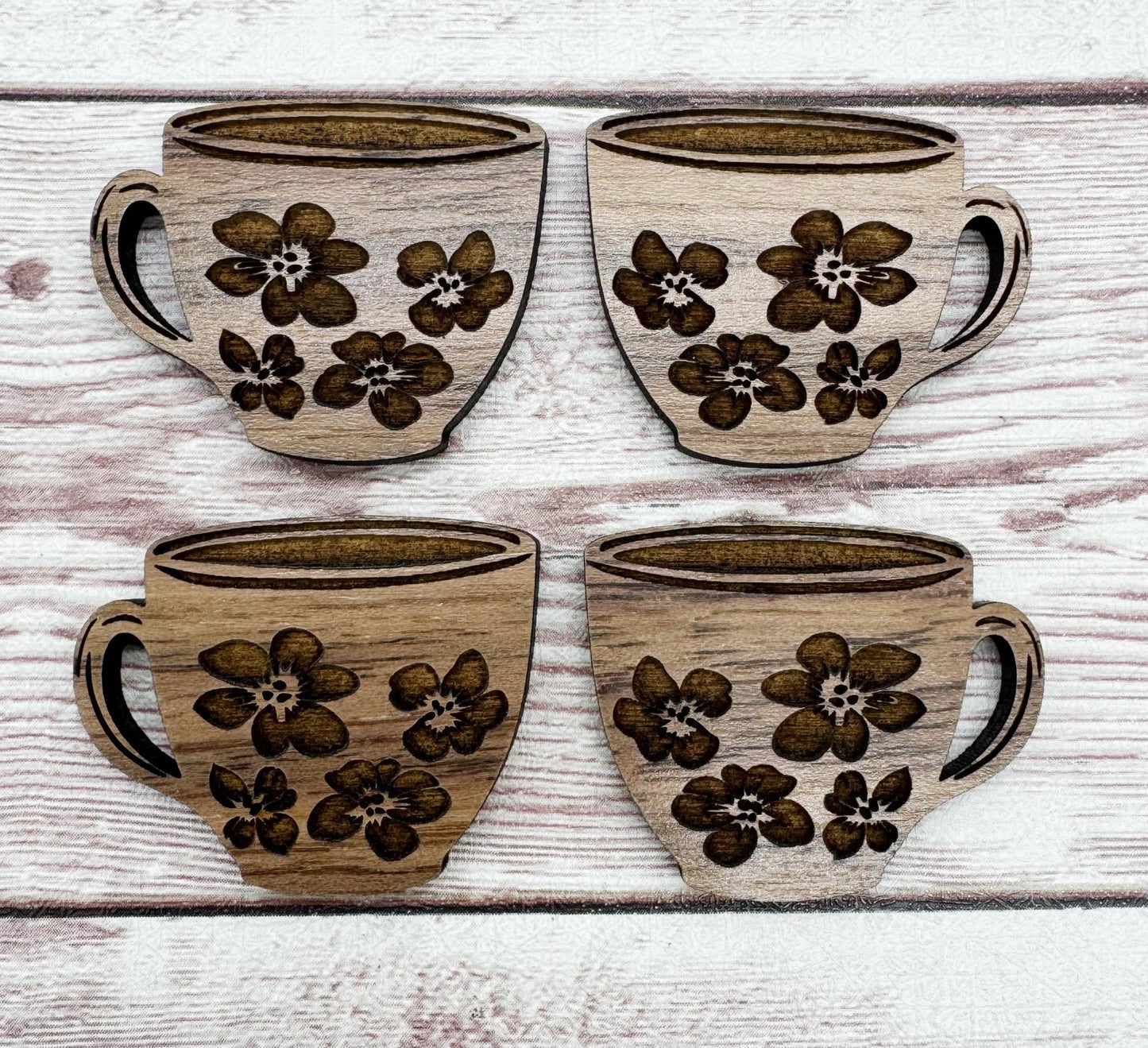 Wood Engraved Floral Teacup #1 Earring Blanks, Finished Walnut Blank, DIY Jewelry Making