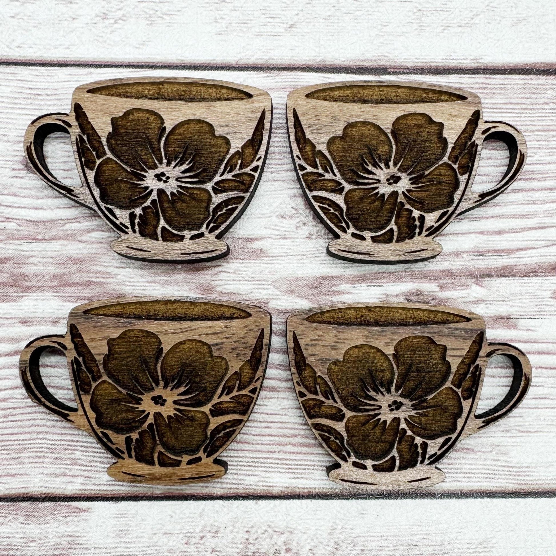 Wood Engraved Floral Teacup #2 Earring Blanks, Finished Walnut Blank, DIY Jewelry Making