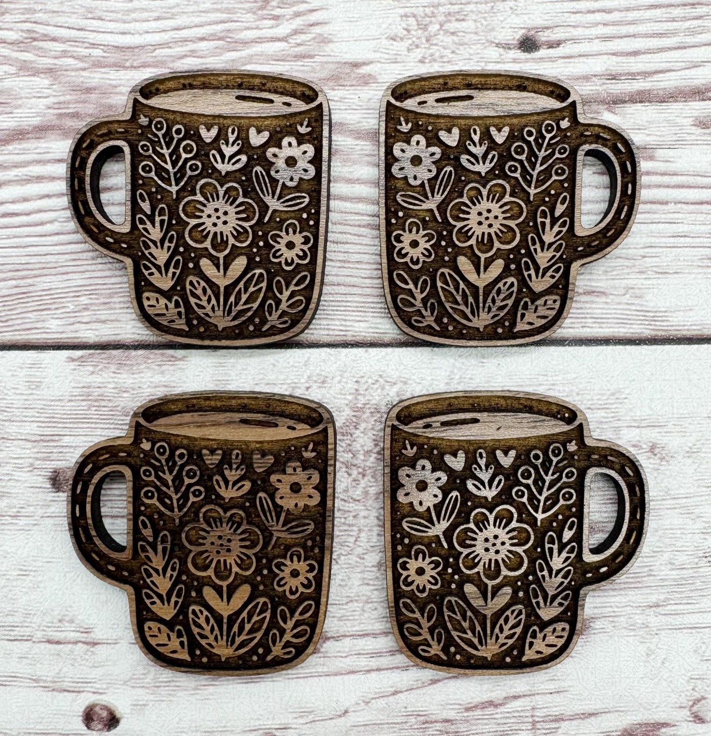 Wood Engraved Floral Coffee Tea Mug Earring Blanks, Finished Walnut Blank, DIY Jewelry Making