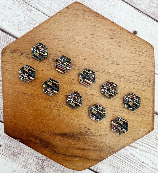 Floral Book Print Reading Acrylic Stud Earring Blanks Set of 5 Pair DIY Jewelry Making