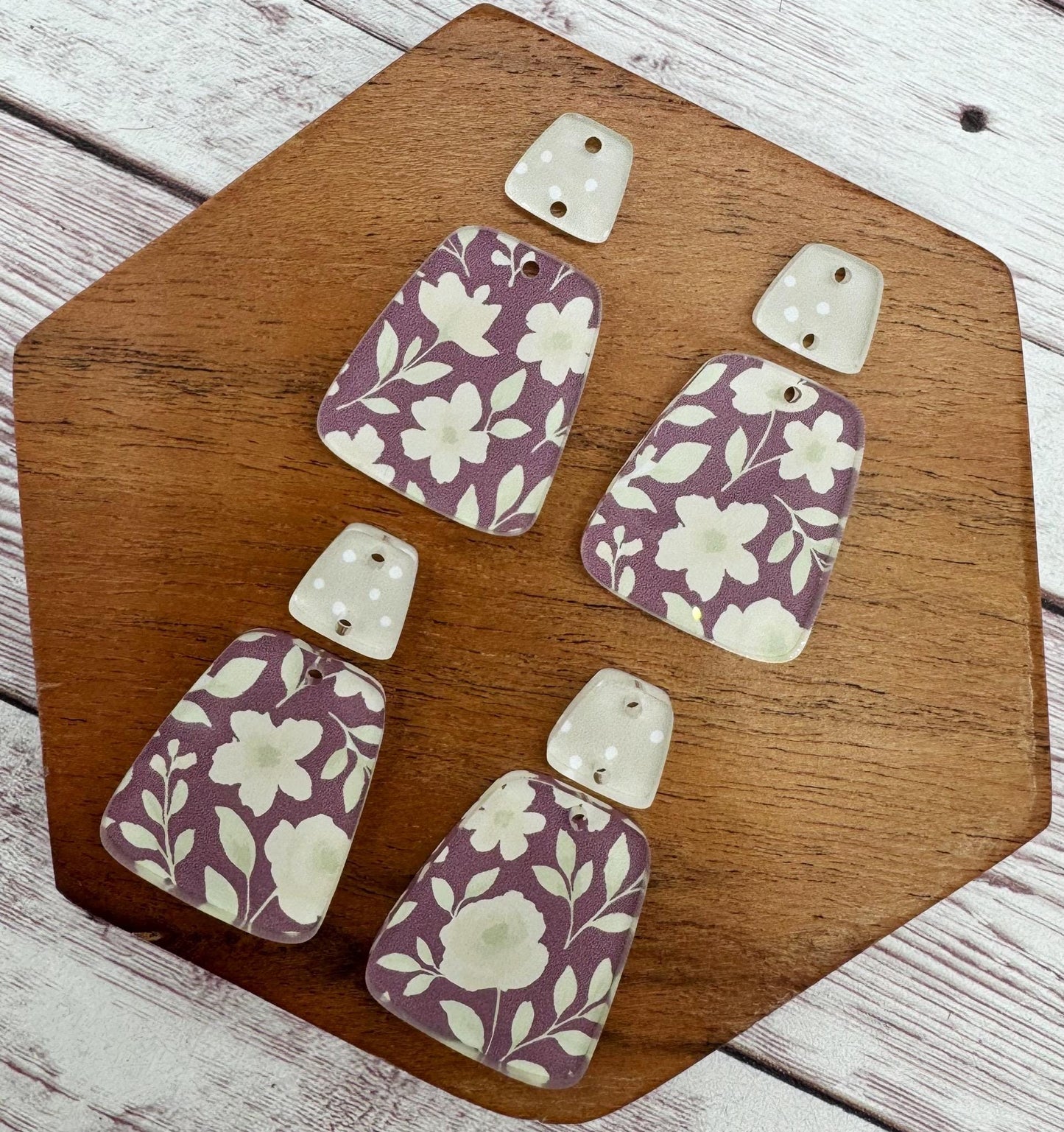Purple and Beige Floral Print Acrylic Trapezoid and Connector Set Earring Blanks, DIY Jewelry Making