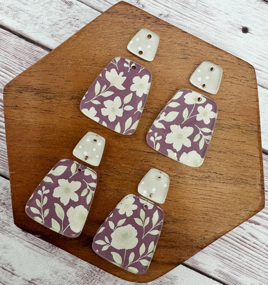 Purple and Beige Floral Print Acrylic Trapezoid and Connector Set Earring Blanks, DIY Jewelry Making