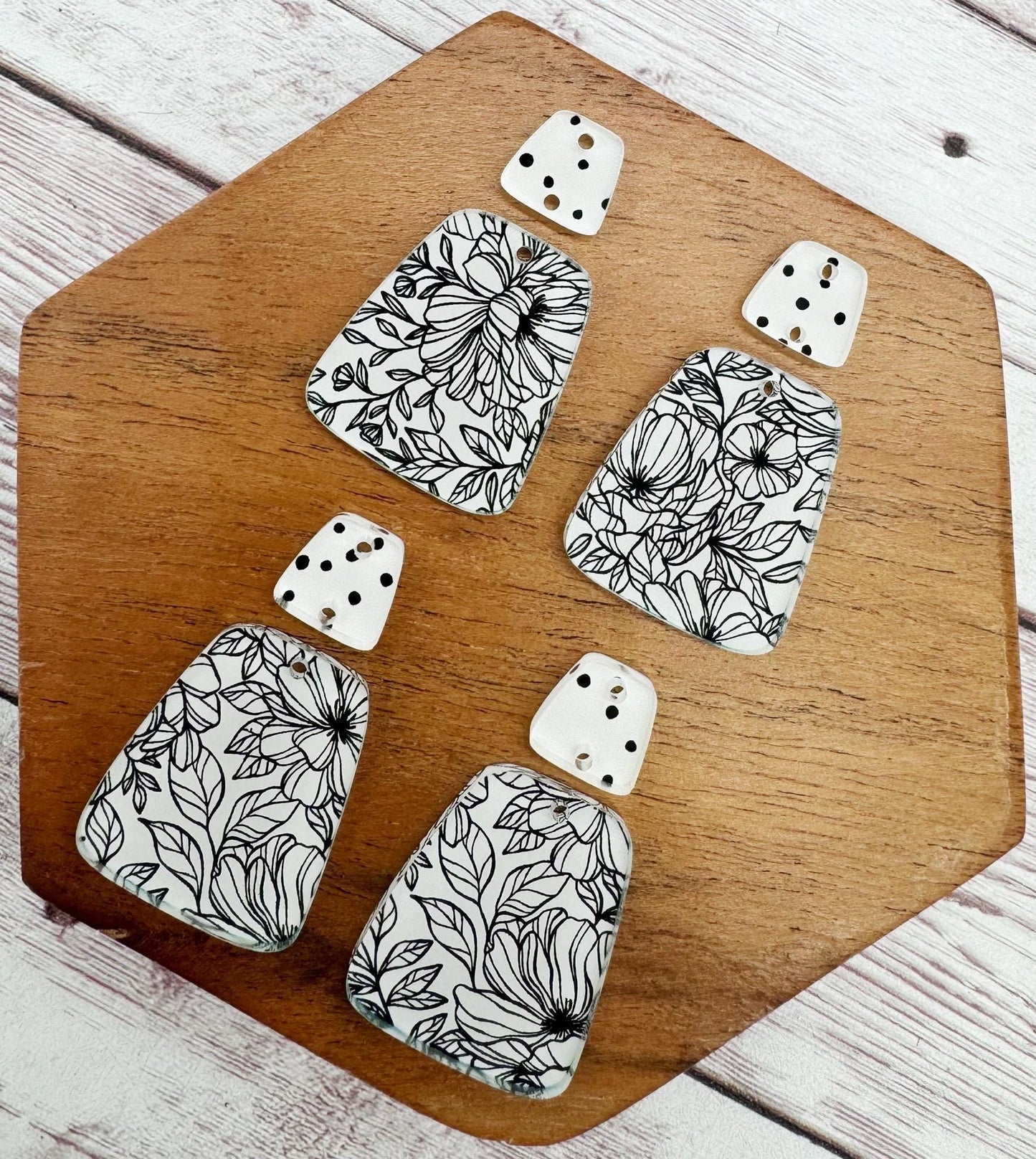 Black and White Floral Print Acrylic Trapezoid and Connector Set Earring Blanks, DIY Jewelry Making