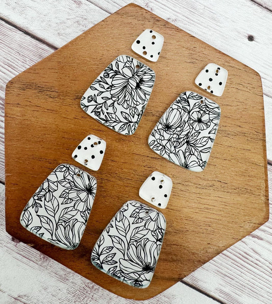 Black and White Floral Print Acrylic Trapezoid and Connector Set Earring Blanks, DIY Jewelry Making