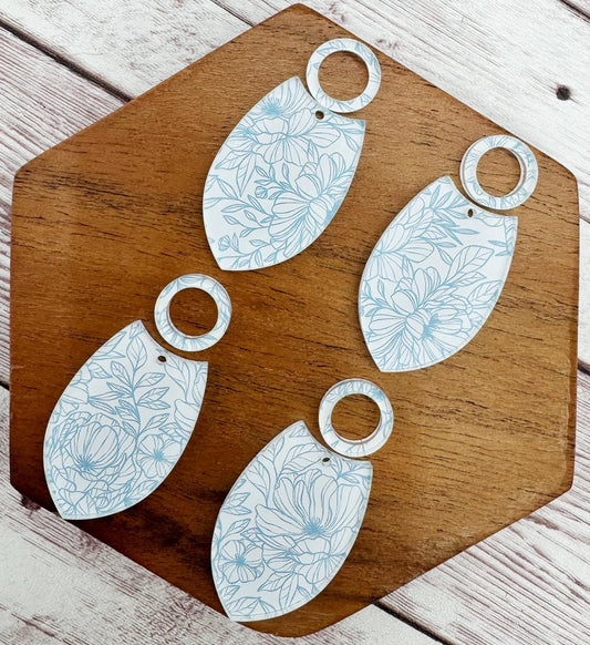 Blue and White Floral Print Acrylic Set Earring Blanks, DIY Jewelry Making