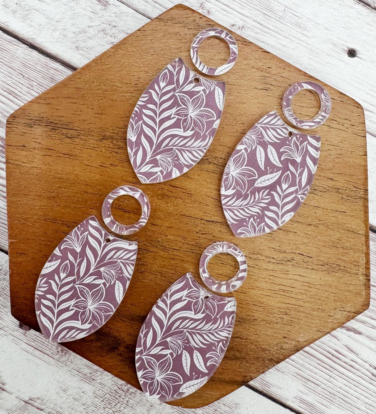 Purple and White Floral Print Acrylic Set Earring Blanks, DIY Jewelry Making