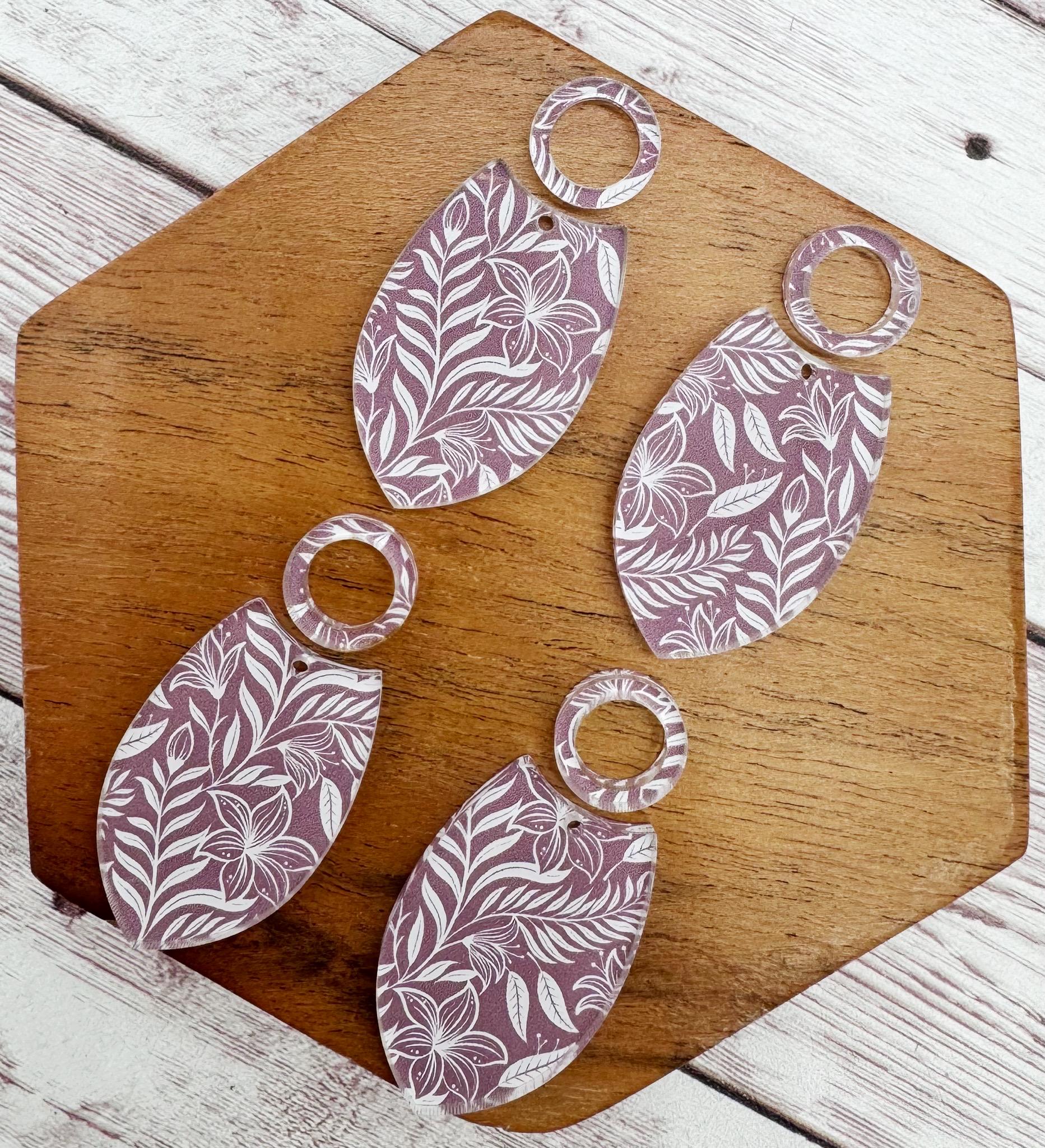 Purple and White Floral Print Acrylic Set Earring Blanks, DIY Jewelry Making