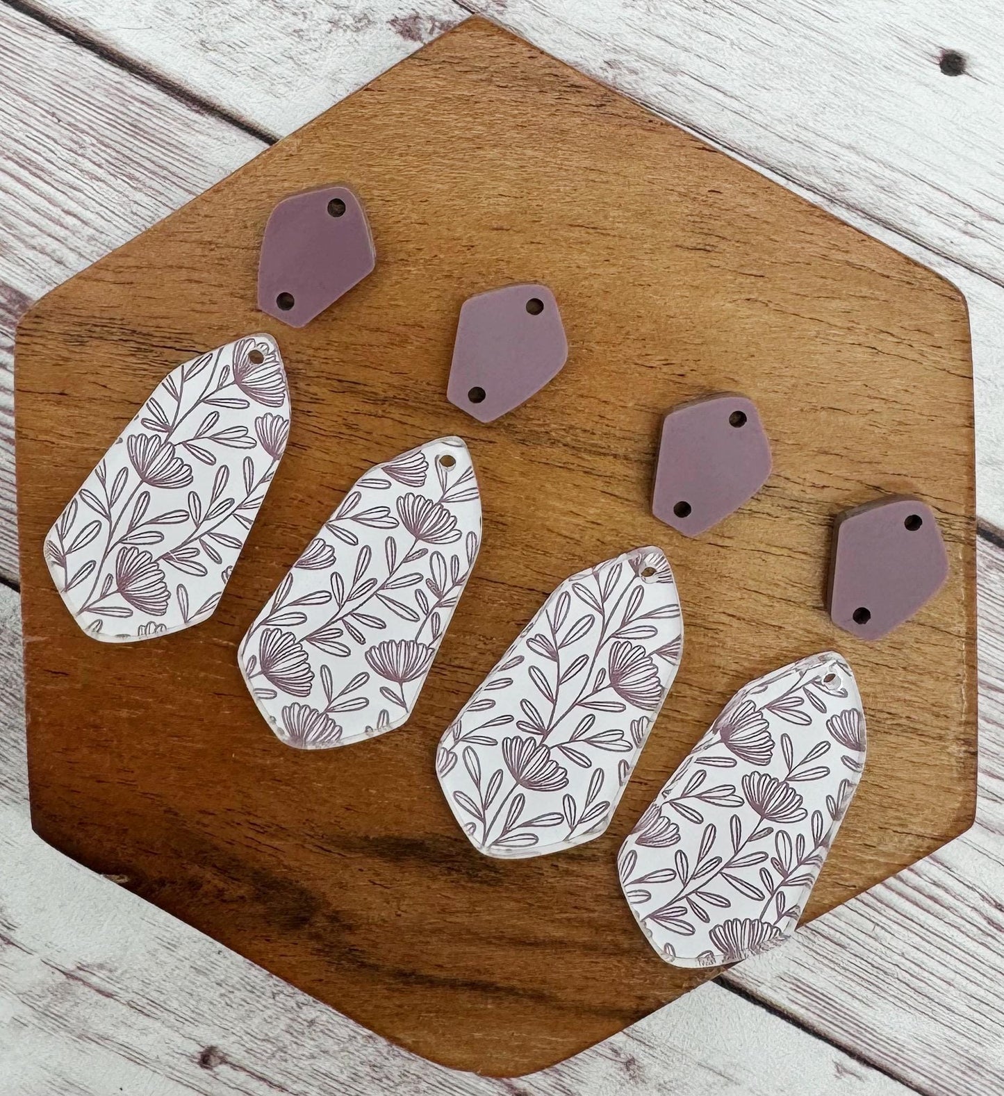 Purple and White Floral Print Double Diamond Acrylic Set Earring Blanks, DIY Jewelry Making
