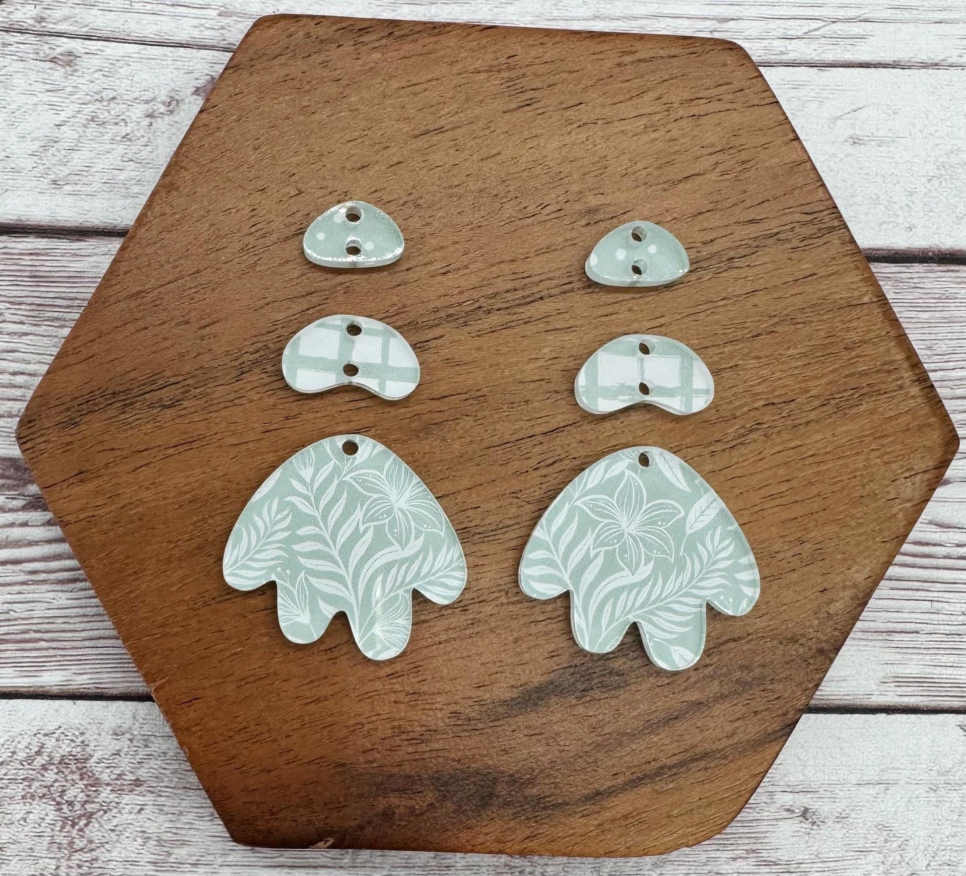 Sage and White Fern Print Boho Acrylic Trio Set Earring Blanks, DIY Jewelry Making