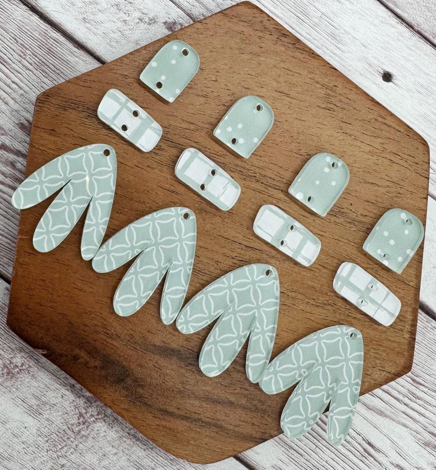 Sage and White Geometric Print Boho Acrylic Trio Set Earring Blanks, DIY Jewelry Making