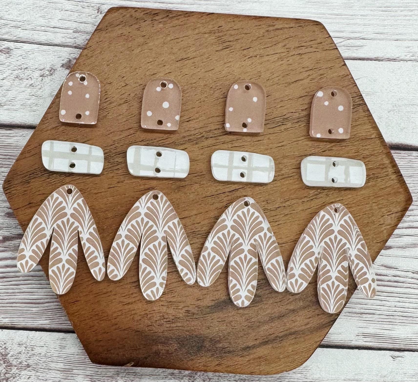 Clay and White Fan Print Boho Acrylic Trio Set Earring Blanks, DIY Jewelry Making