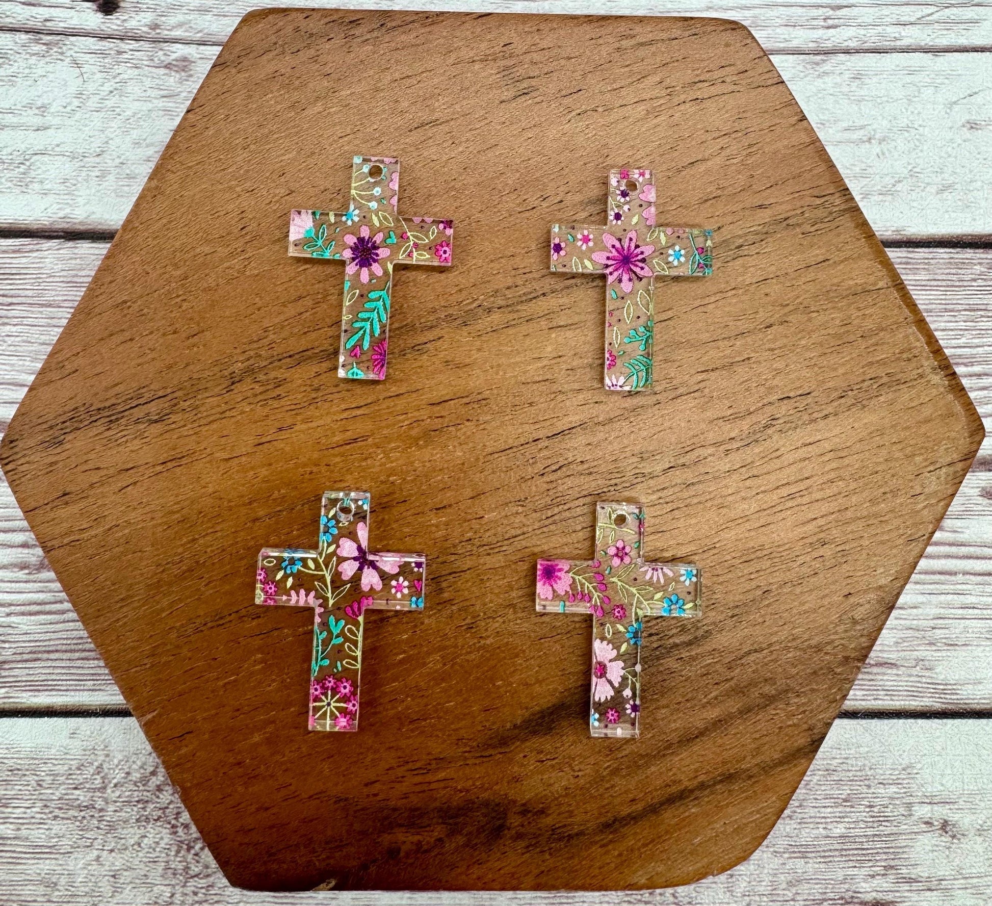 Set of 2 Pair Mini Floral Print Acrylic Cross Earring Blanks DIY Jewelry Making