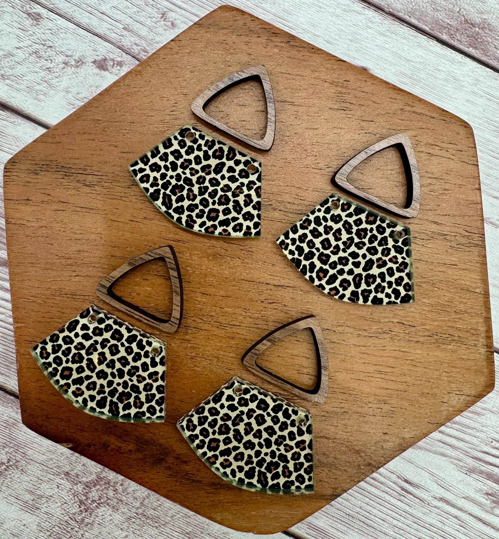 Leopard Print Acrylic and Hollow Walnut Triangle Connector Set Earring Blanks, DIY Jewelry Making