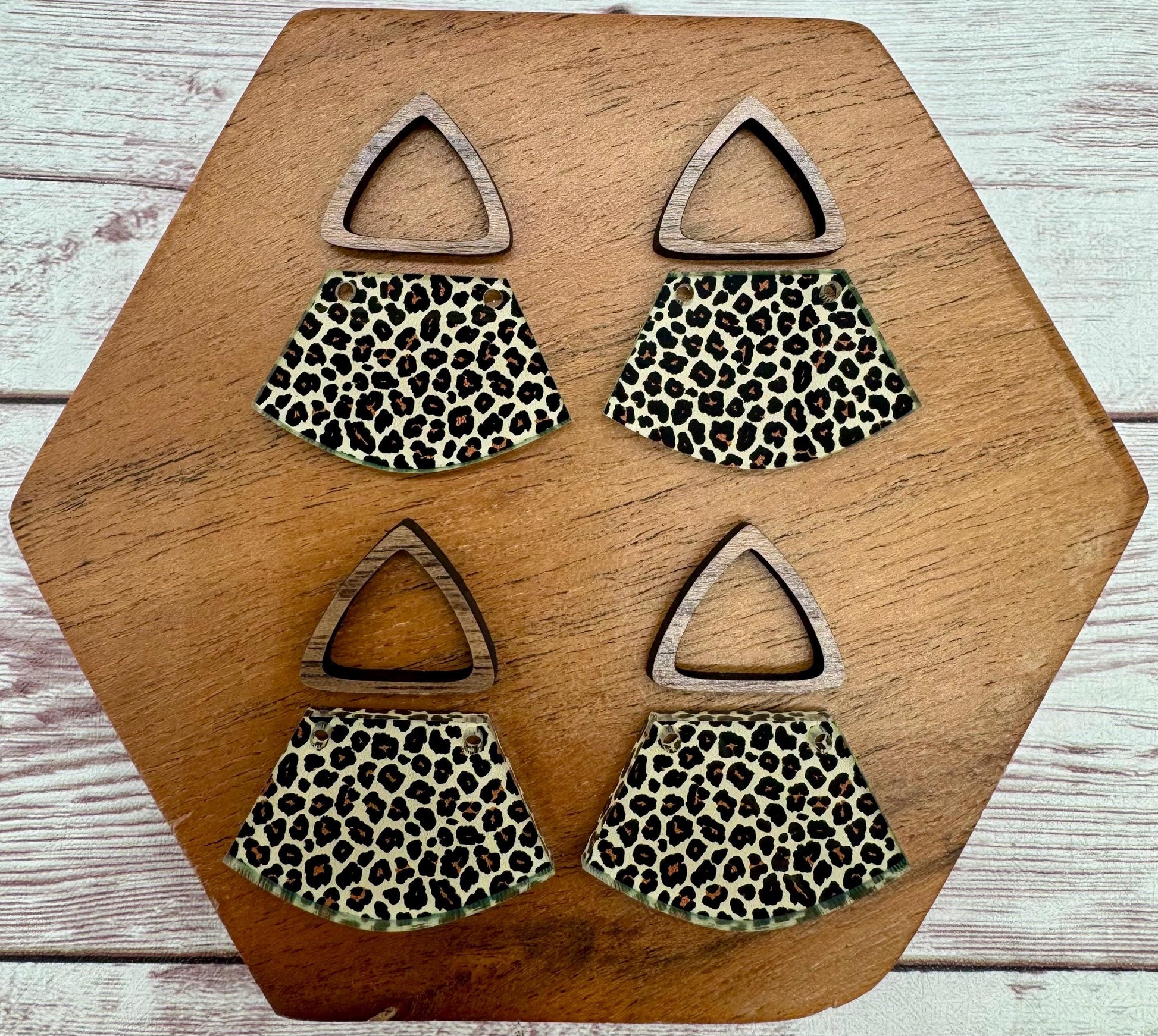 Leopard Print Acrylic and Hollow Walnut Triangle Connector Set Earring Blanks, DIY Jewelry Making