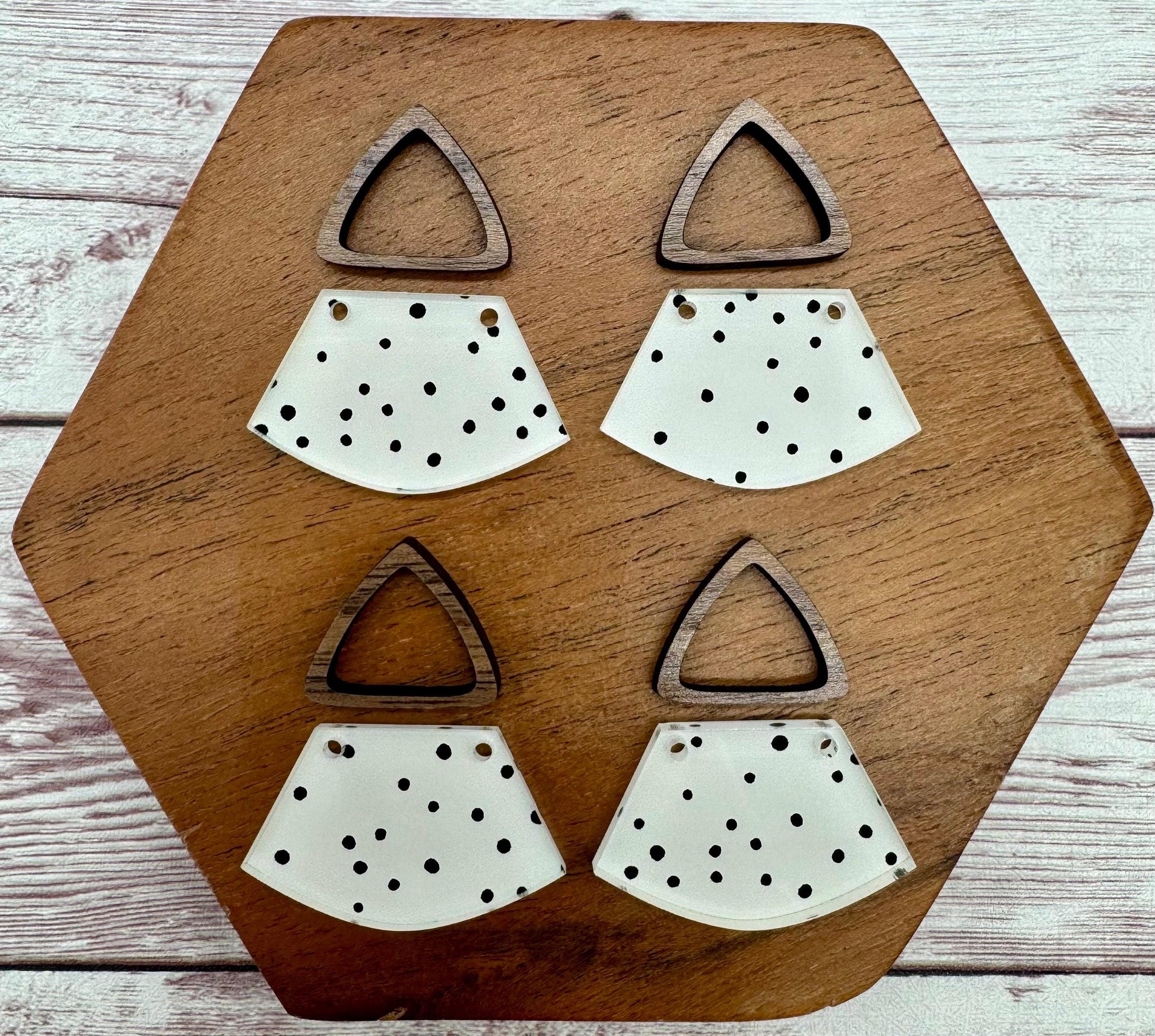 Black and White Polka Dot Print Acrylic and Hollow Walnut Triangle Connector Set Earring Blanks, DIY Jewelry Making