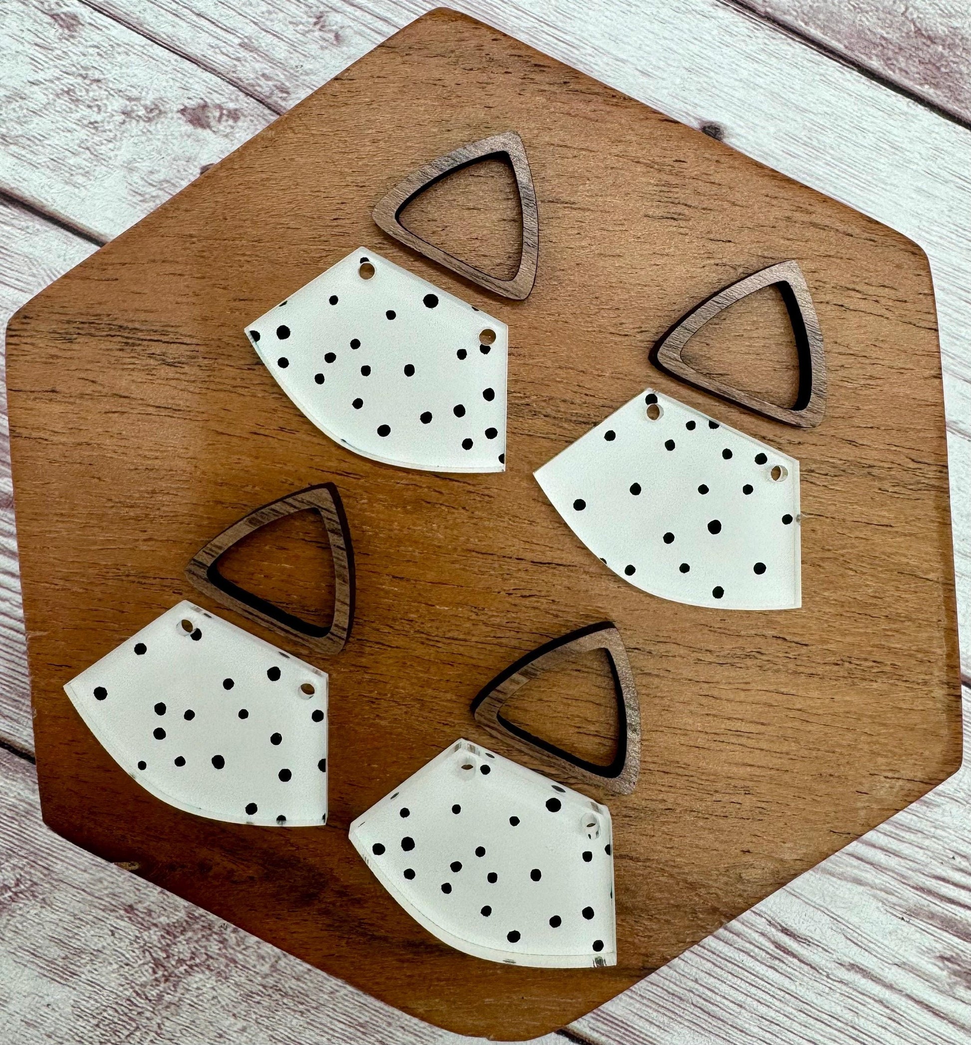 Black and White Polka Dot Print Acrylic and Hollow Walnut Triangle Connector Set Earring Blanks, DIY Jewelry Making