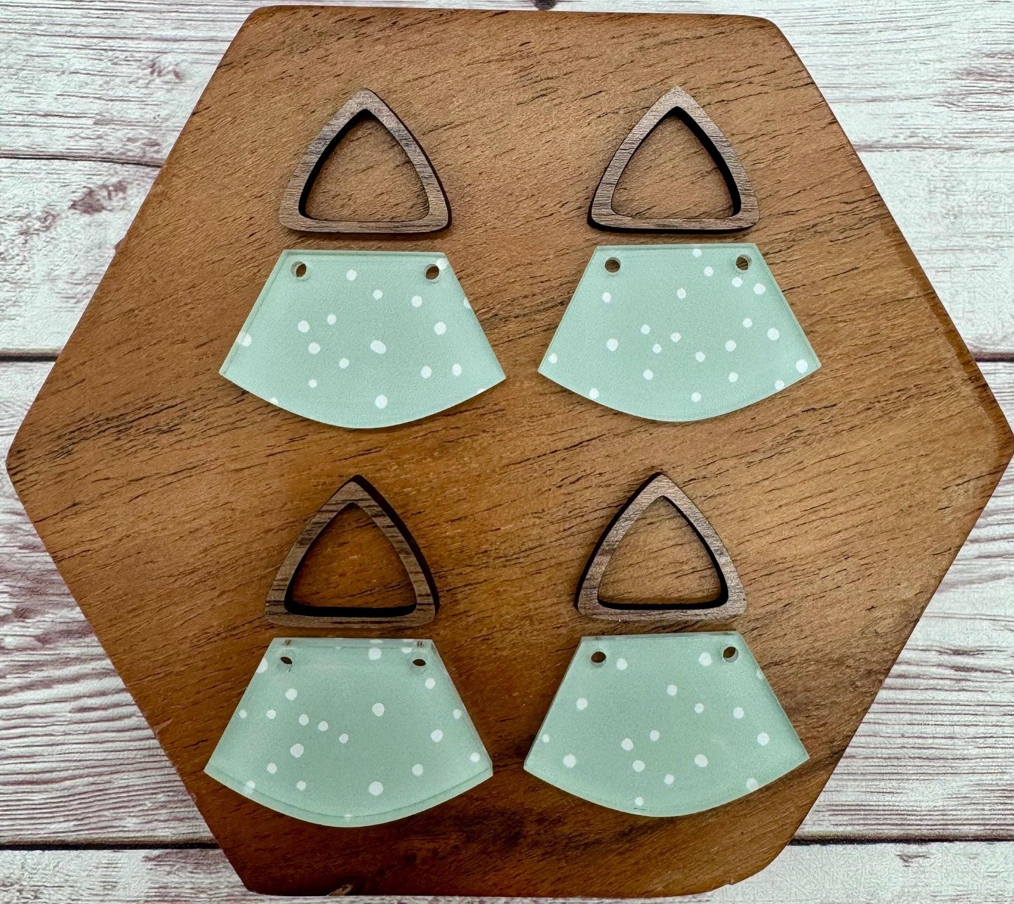 Sage and White Polka Dot Print Acrylic and Hollow Walnut Triangle Connector Set Earring Blanks, DIY Jewelry Making