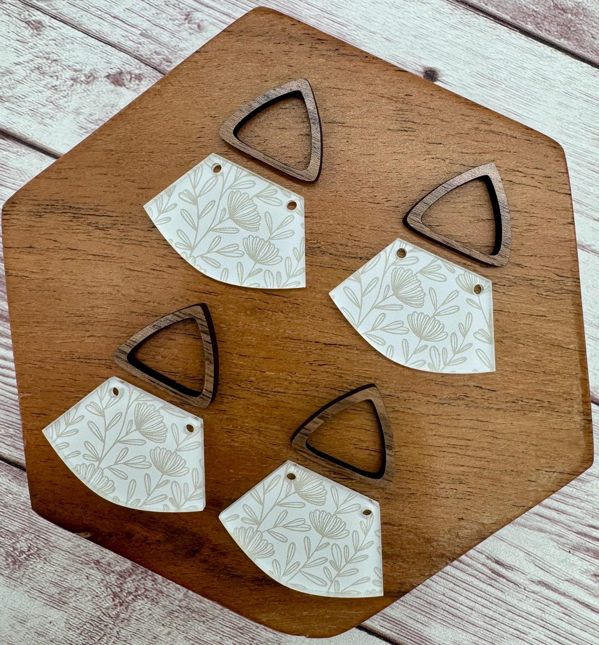 Beige and White Floral Print Acrylic and Hollow Walnut Triangle Connector Set Earring Blanks, DIY Jewelry Making