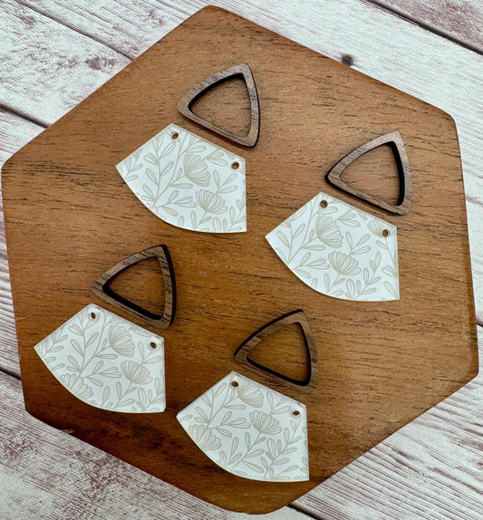 Beige and White Floral Print Acrylic and Hollow Walnut Triangle Connector Set Earring Blanks, DIY Jewelry Making