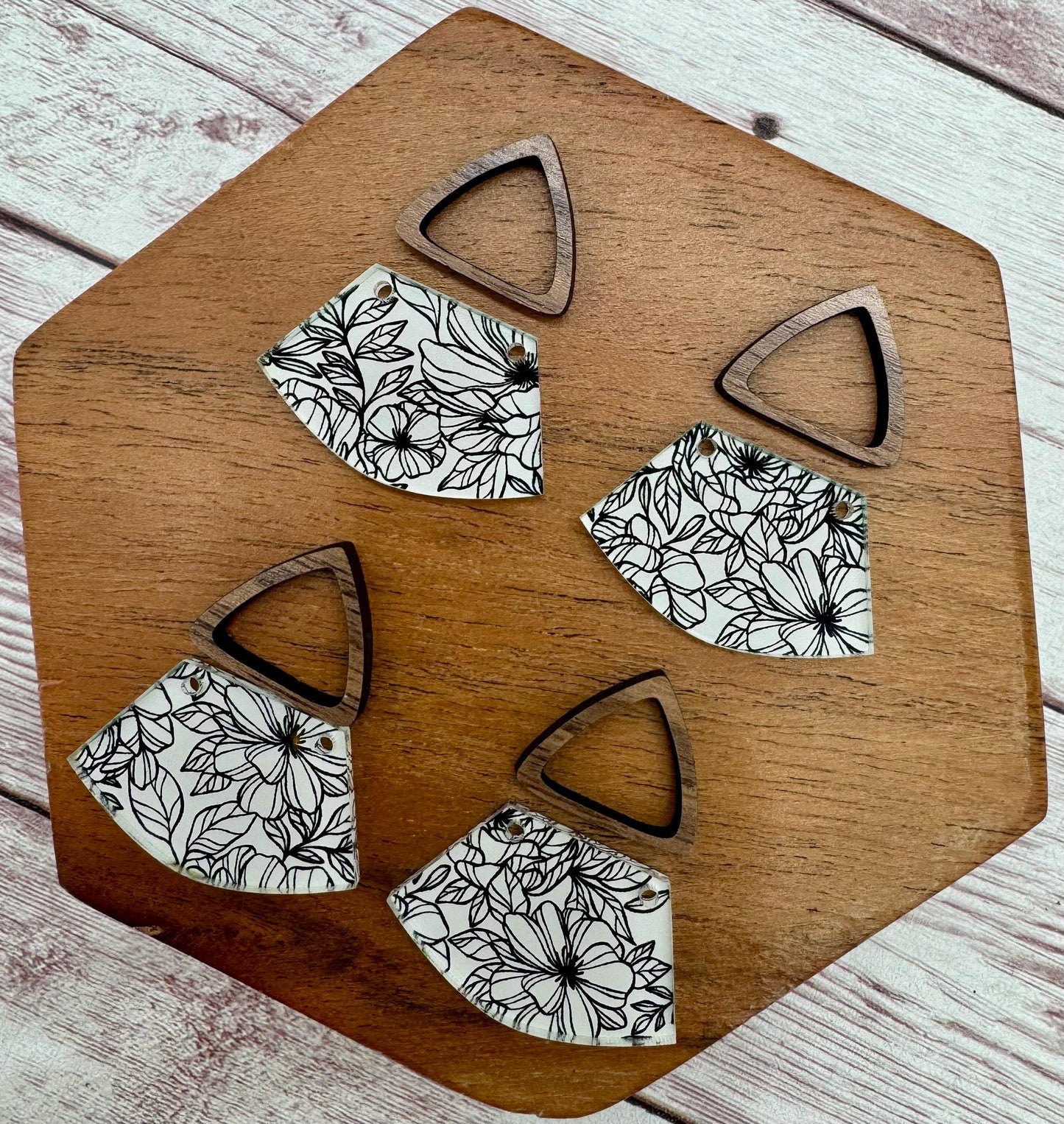 Black and White Floral Print Acrylic and Hollow Walnut Triangle Connector Set Earring Blanks, DIY Jewelry Making