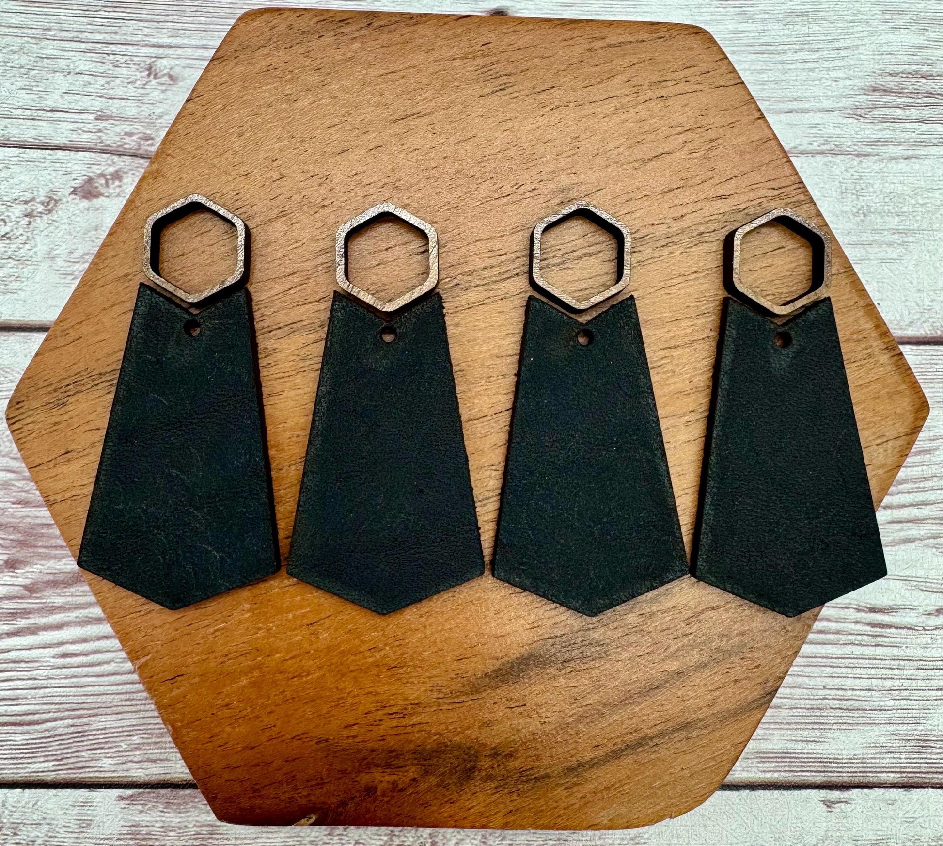 Hollow Wood Hexagon and Black Vegetable Tanned Leather Set, Earring Blanks, Finished Walnut Blank, DIY Jewelry Making