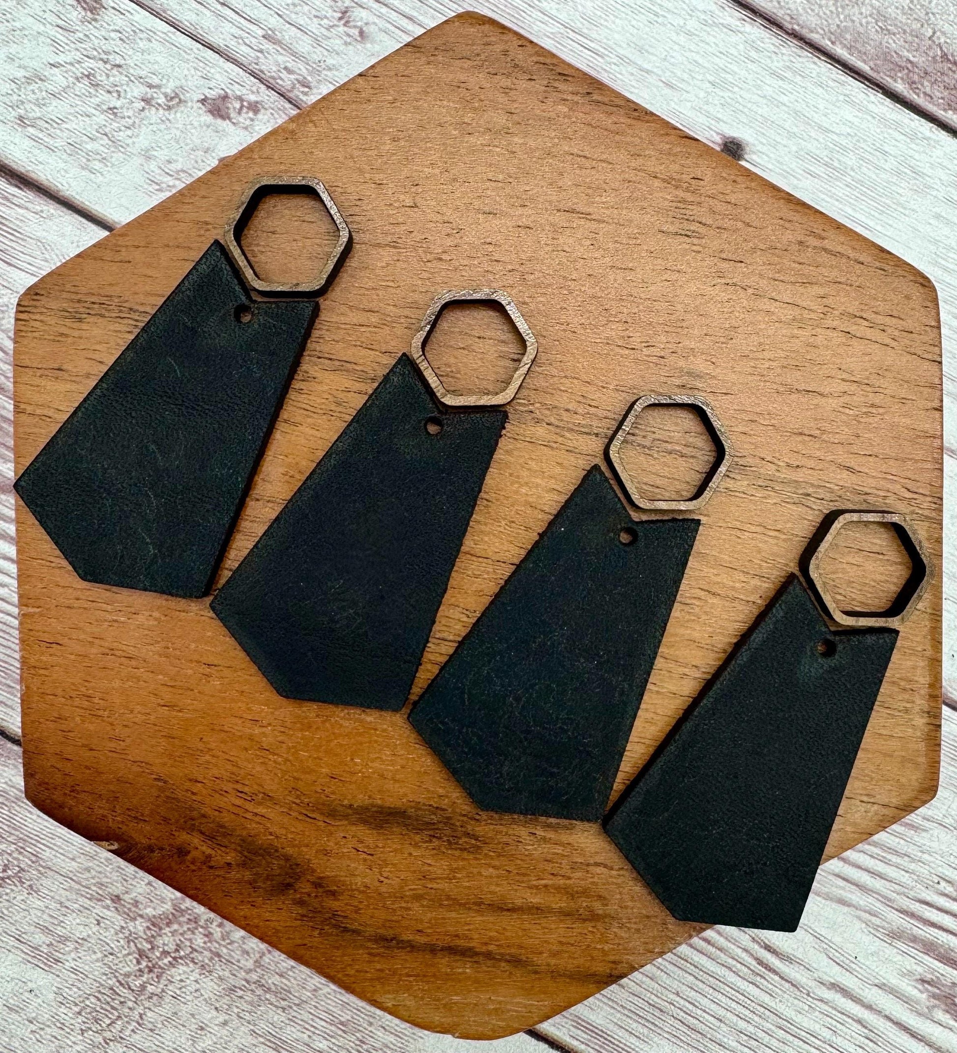 Hollow Wood Hexagon and Black Vegetable Tanned Leather Set, Earring Blanks, Finished Walnut Blank, DIY Jewelry Making