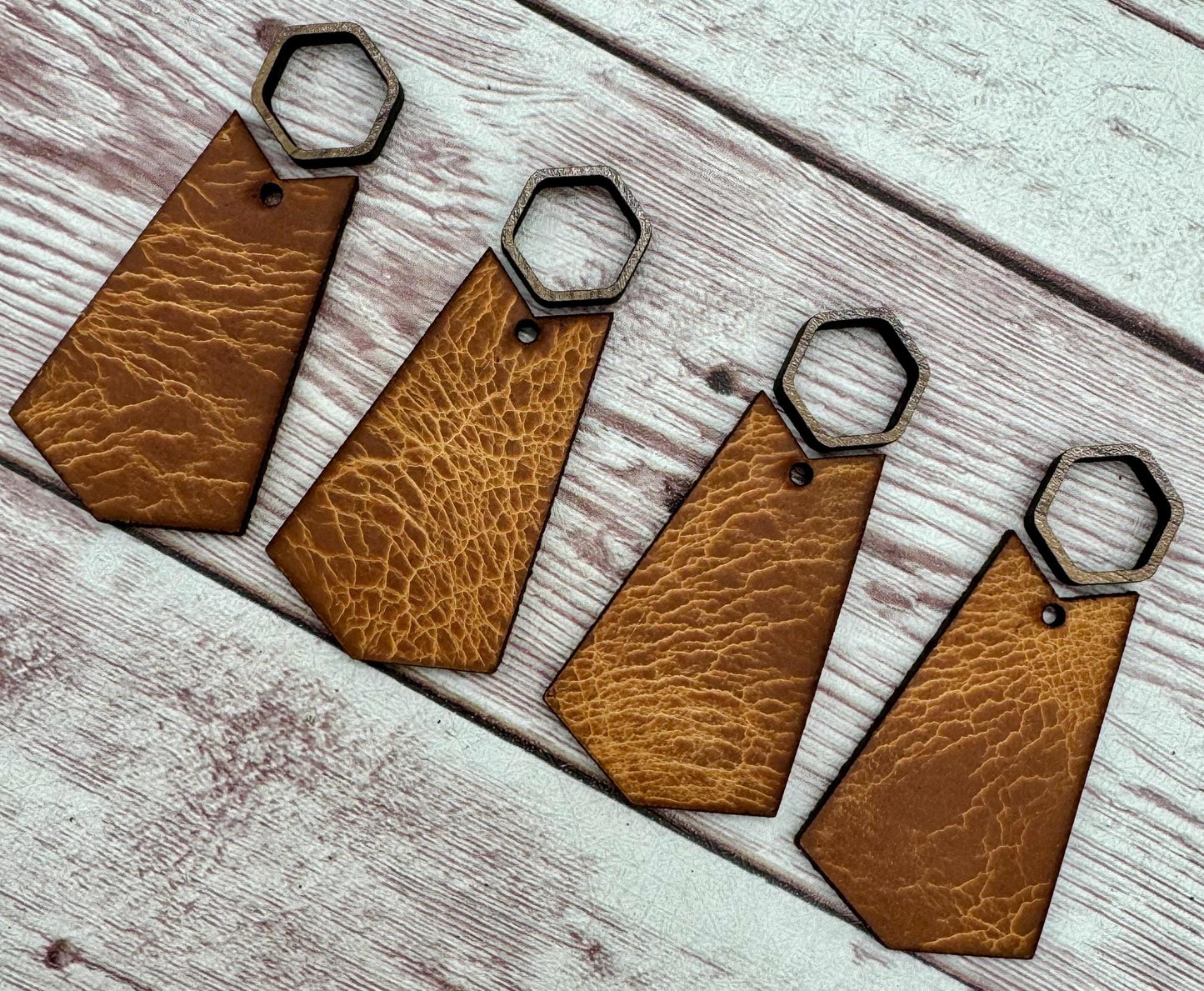 Hollow Wood Hexagon and Natural Vegetable Tanned Leather Set, Earring Blanks, Finished Walnut Blank, DIY Jewelry Making