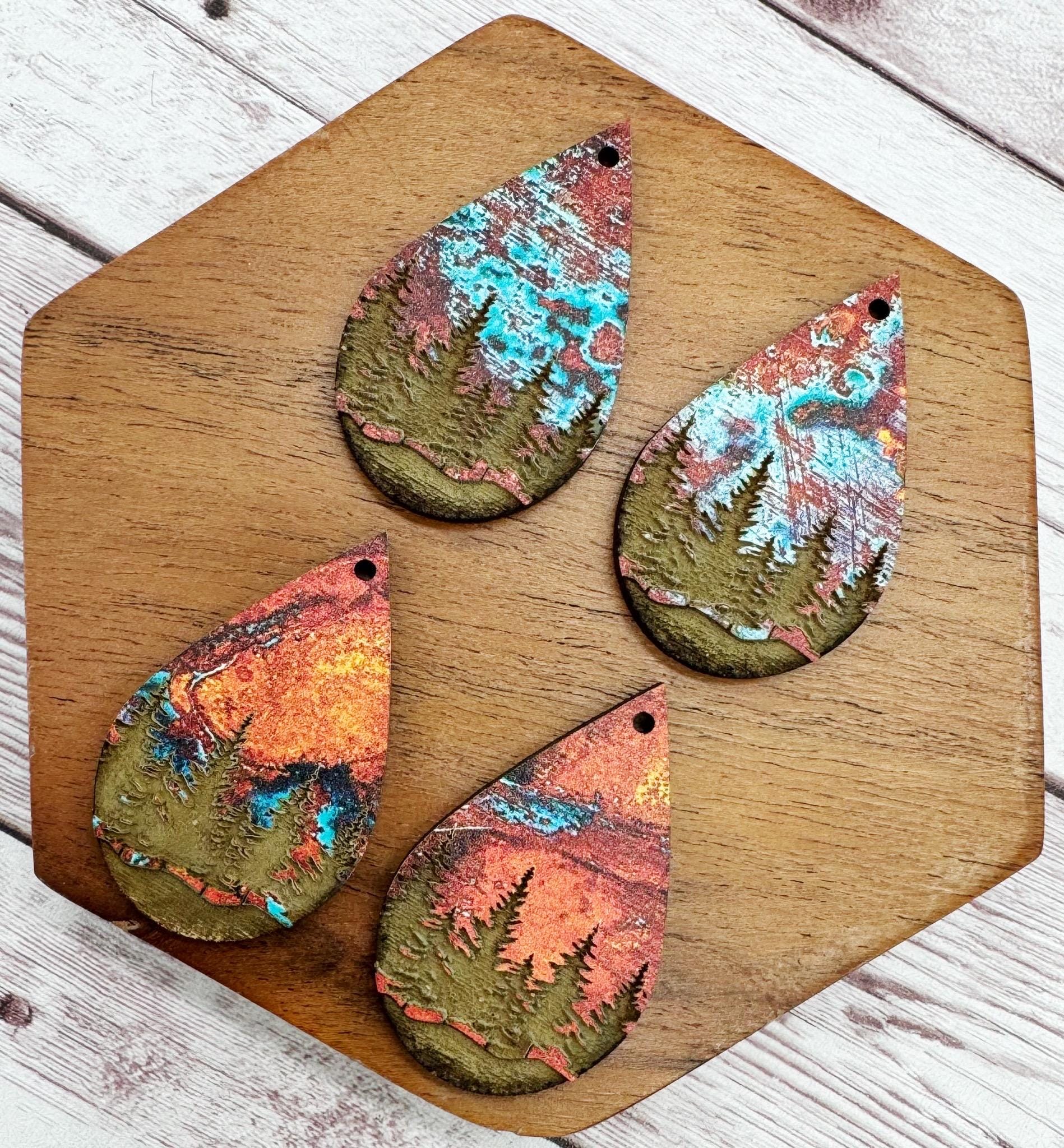 Patterned Copper Wood Engraved Mountains Outdoor Earring Blanks, DIY Jewelry Making