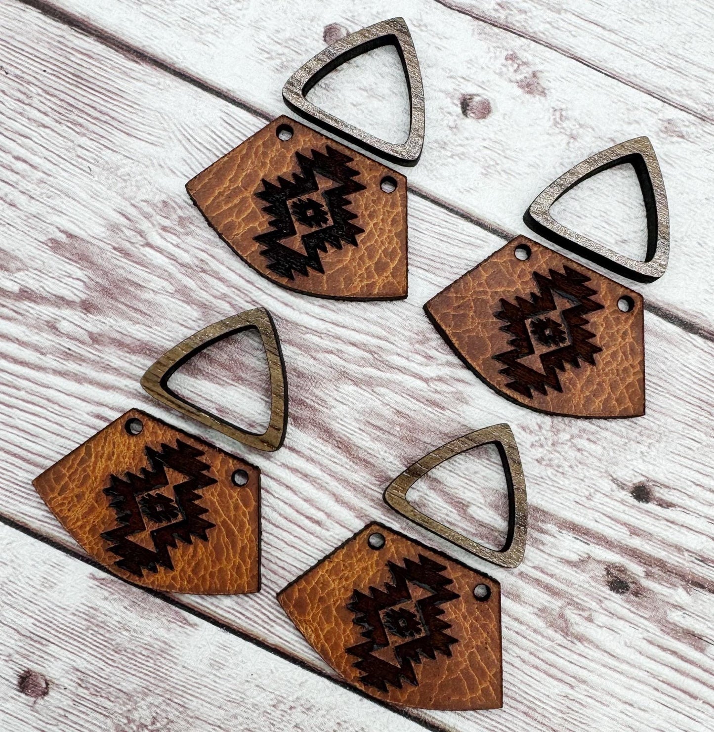 Natural Vegetable Tanned Leather Aztec #1 Southwest Engraved and Hollow Walnut Triangle Connector Set Earring Blanks, DIY Jewelry Making