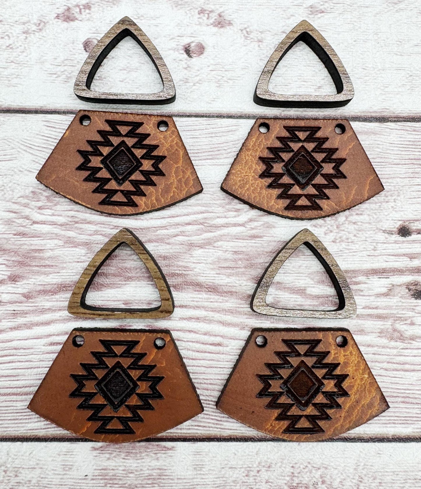 Natural Vegetable Tanned Leather Aztec #2 Southwest Engraved and Hollow Walnut Triangle Connector Set Earring Blanks, DIY Jewelry Making