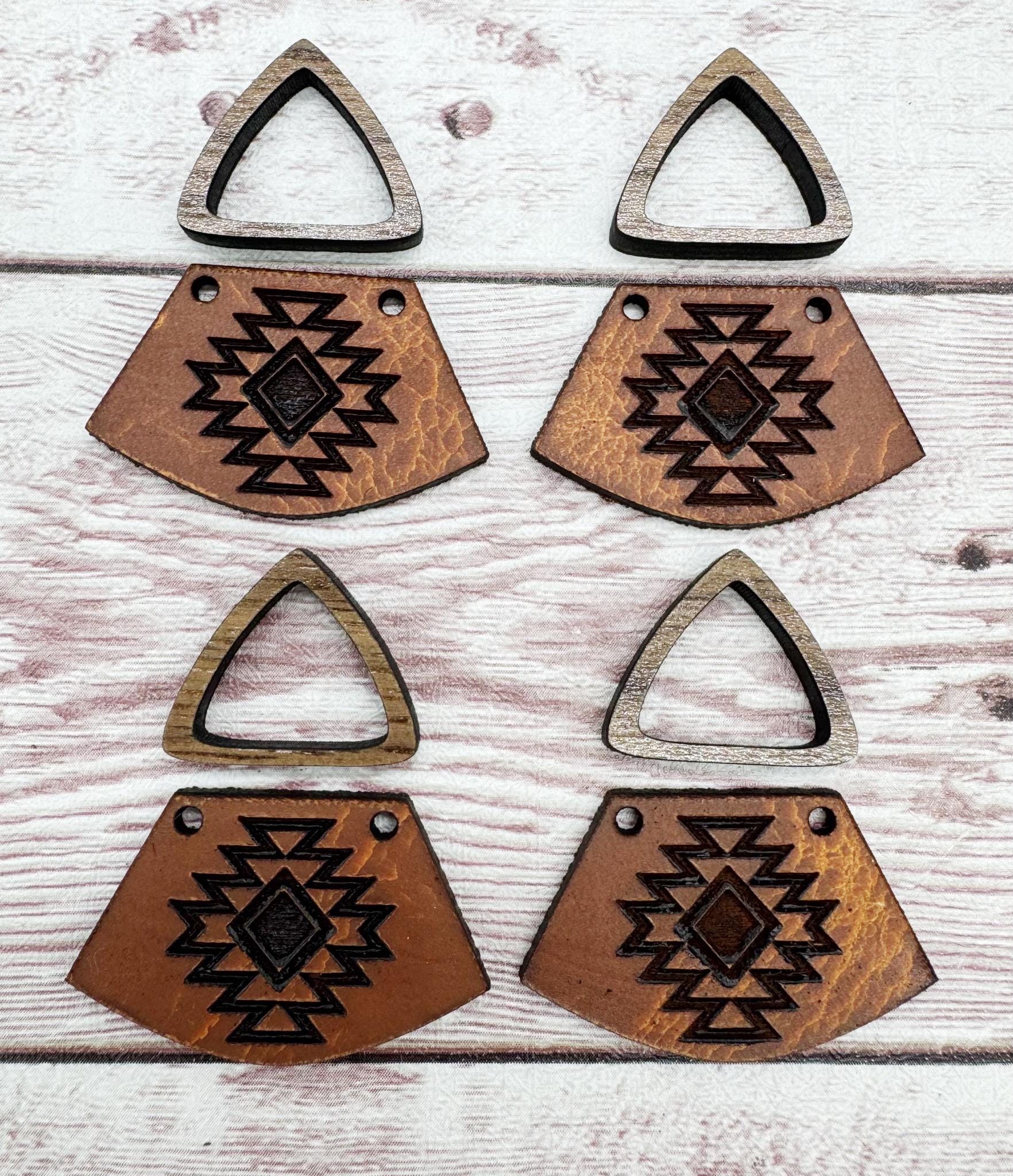 Natural Vegetable Tanned Leather Aztec #2 Southwest Engraved and Hollow Walnut Triangle Connector Set Earring Blanks, DIY Jewelry Making