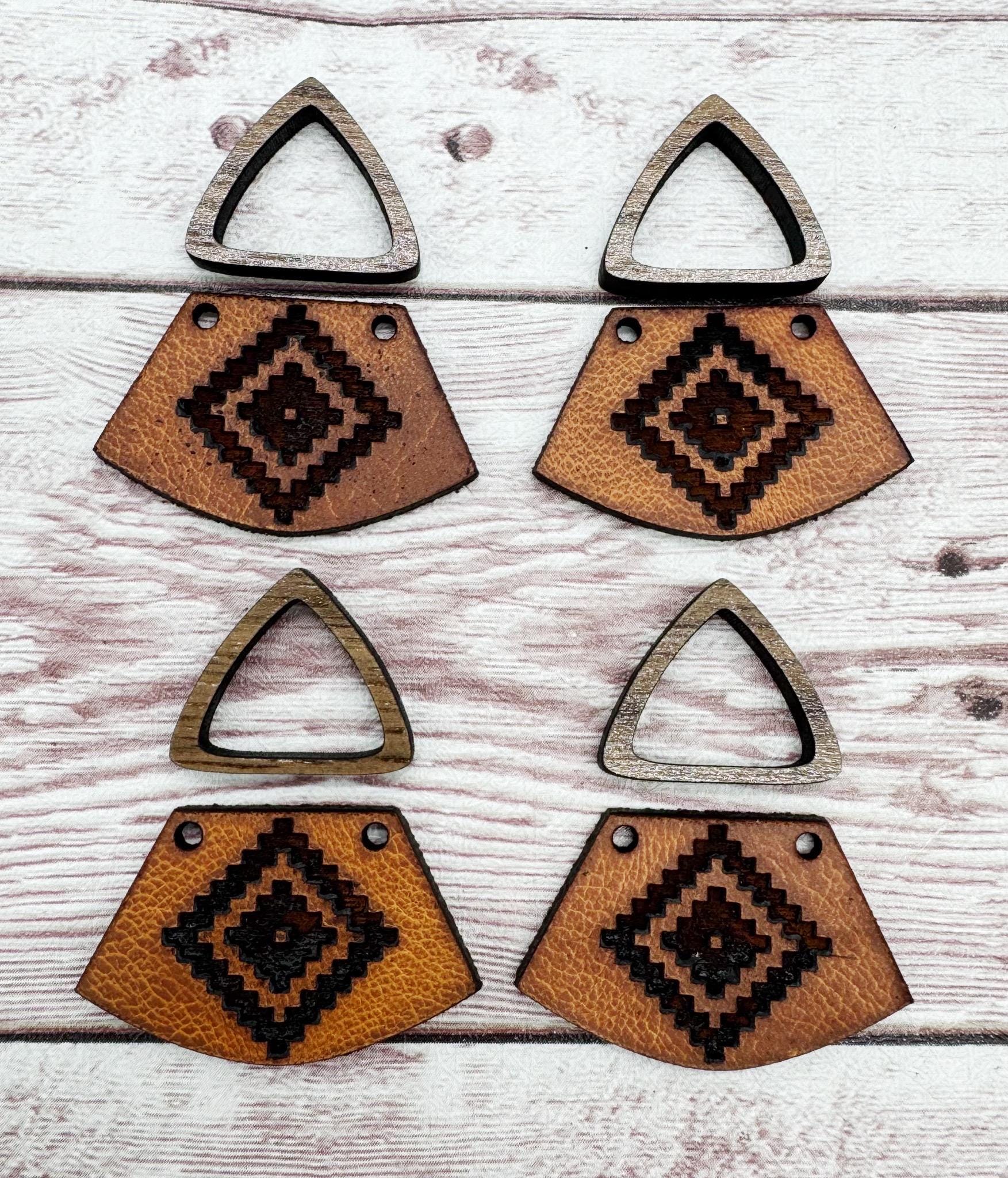 Natural Vegetable Tanned Leather Aztec #4 Southwest Engraved and Hollow Walnut Triangle Connector Set Earring Blanks, DIY Jewelry Making