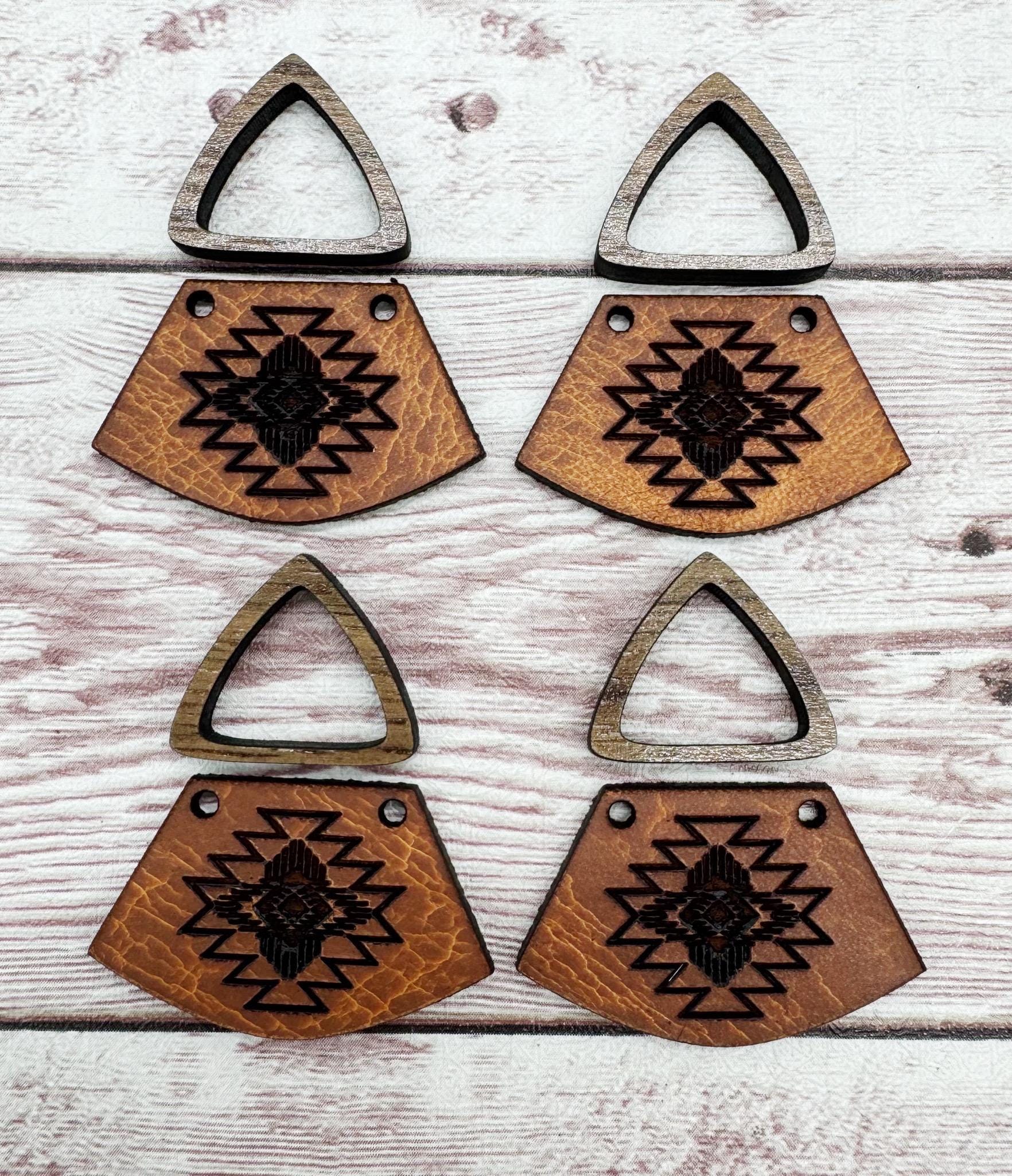 Natural Vegetable Tanned Leather Aztec #5 Southwest Engraved and Hollow Walnut Triangle Connector Set Earring Blanks, DIY Jewelry Making
