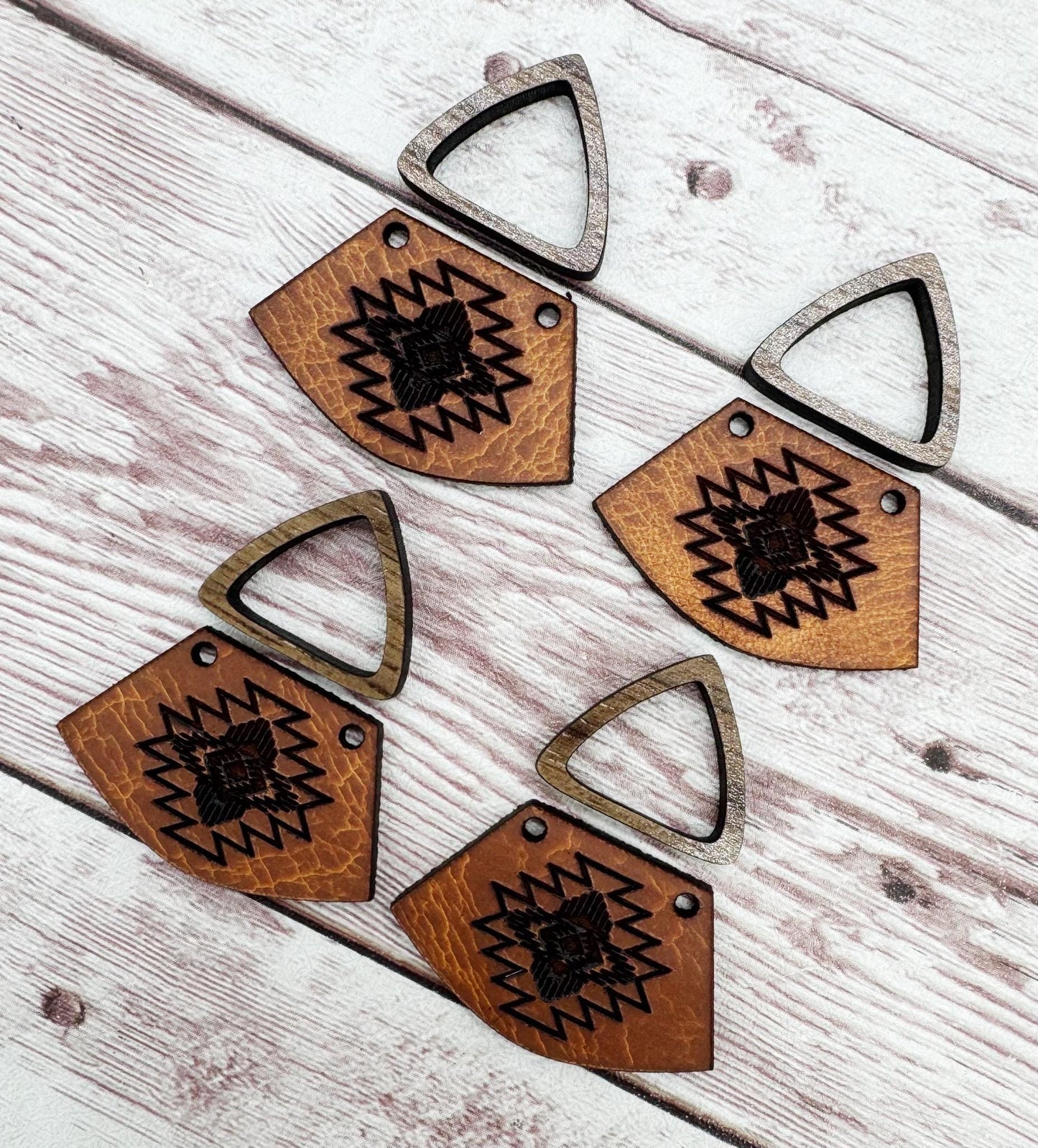Natural Vegetable Tanned Leather Aztec #5 Southwest Engraved and Hollow Walnut Triangle Connector Set Earring Blanks, DIY Jewelry Making