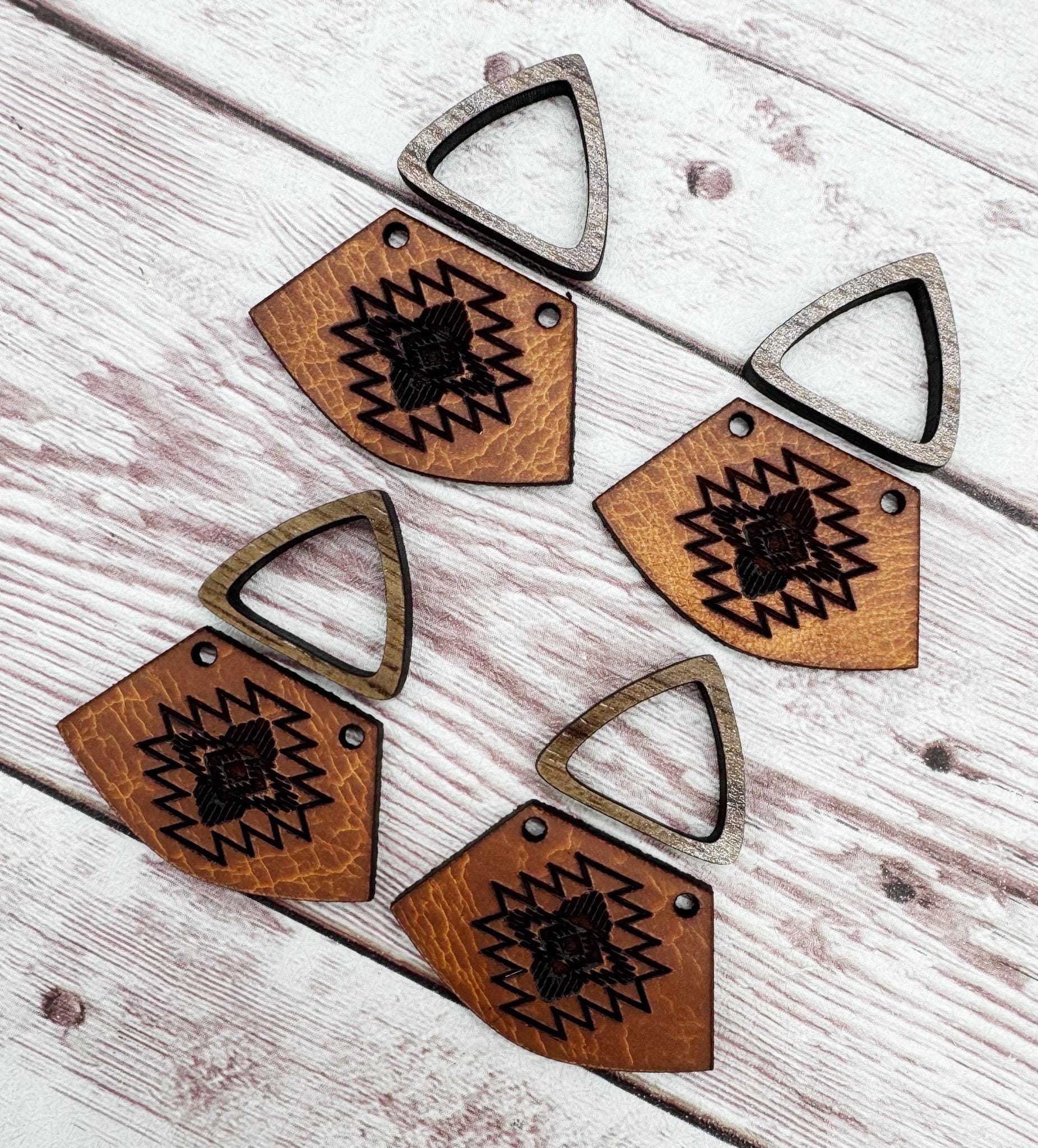 Natural Vegetable Tanned Leather Aztec #5 Southwest Engraved and Hollow Walnut Triangle Connector Set Earring Blanks, DIY Jewelry Making