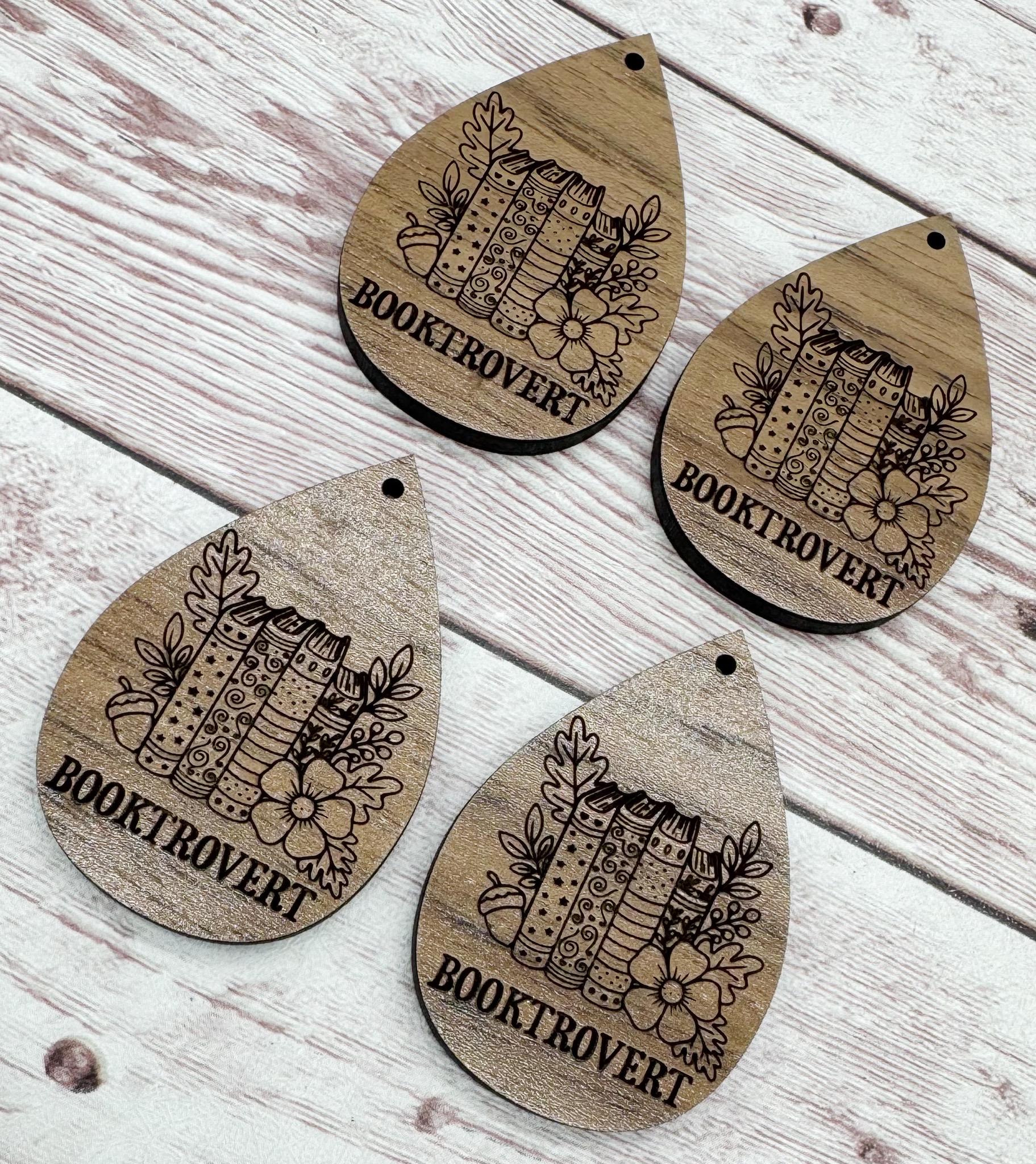 Floral Engraved Booktrovert Book Reading Teardrop Earring Blanks, Finished Walnut Blank, DIY Jewelry Making