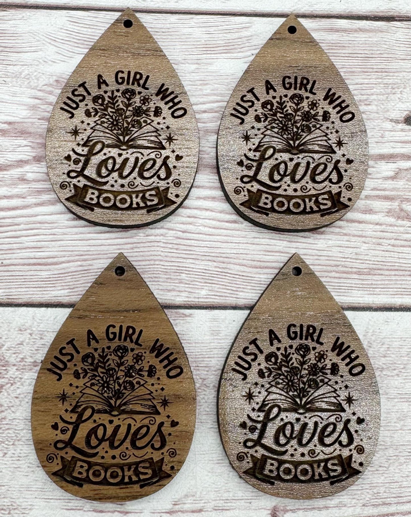 Just a Girl Who Loves Books Floral Book Engraved Teardrop Earring Blanks, Finished Walnut Blank, DIY Jewelry Making