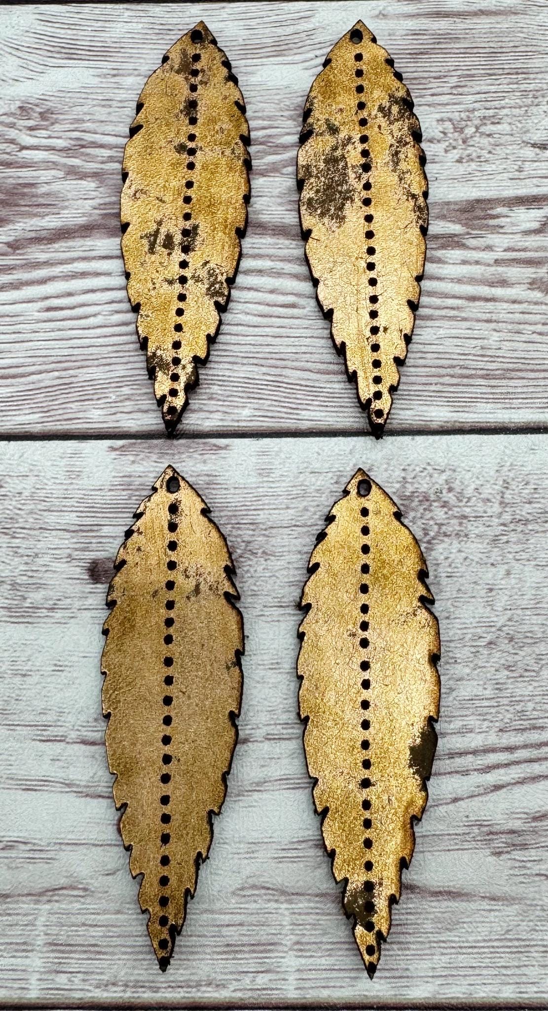 Engraved Rustic Metallic Vegetable Tanned Leather Boho Dot Feather Earring Blanks, DIY Jewelry Making