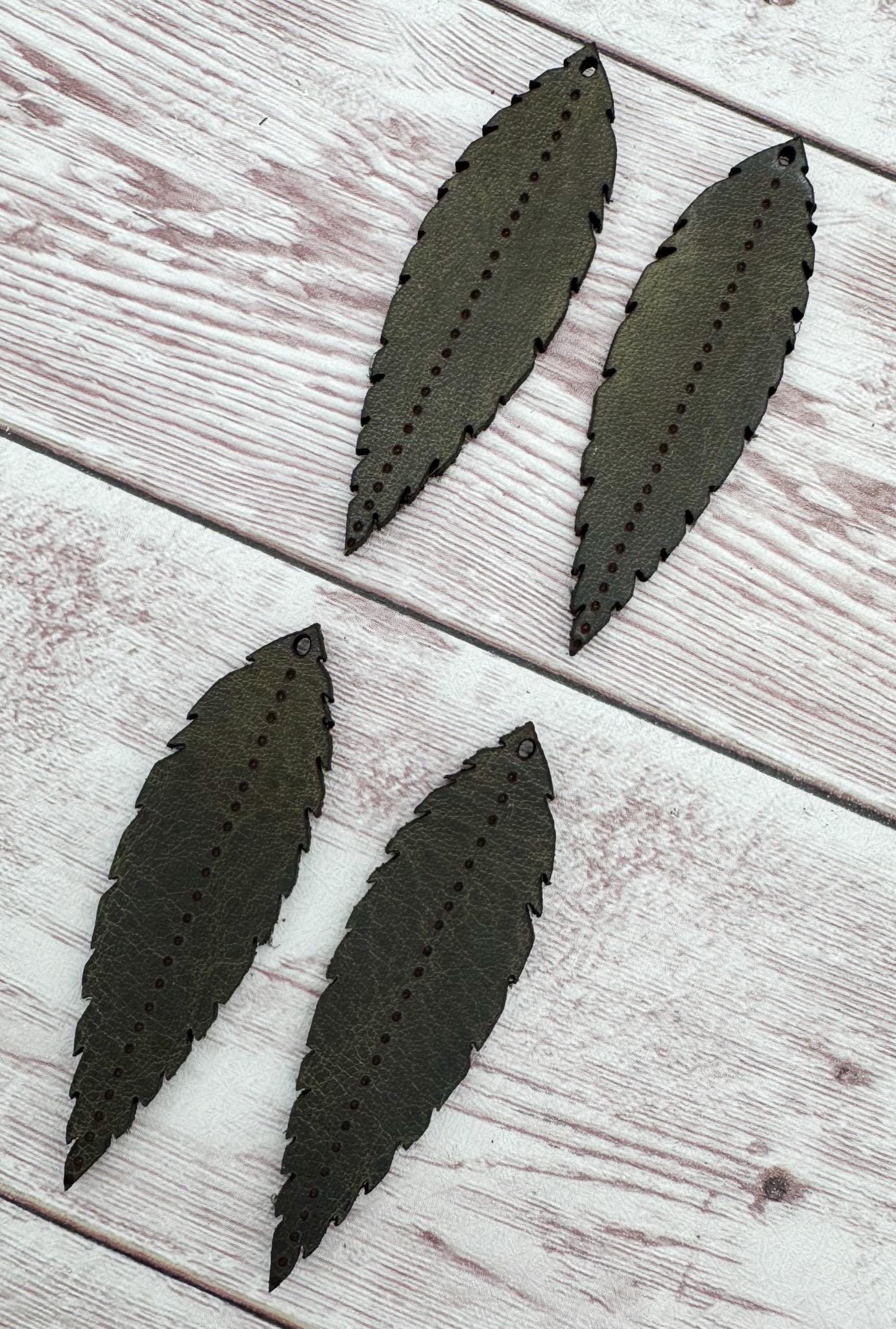 Engraved Steel Grey Vegetable Tanned Leather Boho Dot Feather Earring Blanks, DIY Jewelry Making