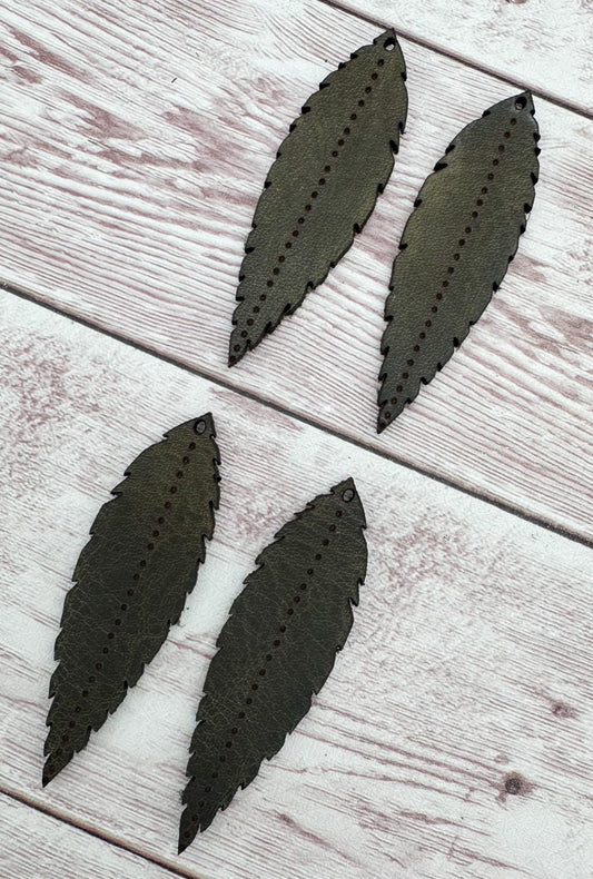 Engraved Steel Grey Vegetable Tanned Leather Boho Dot Feather Earring Blanks, DIY Jewelry Making