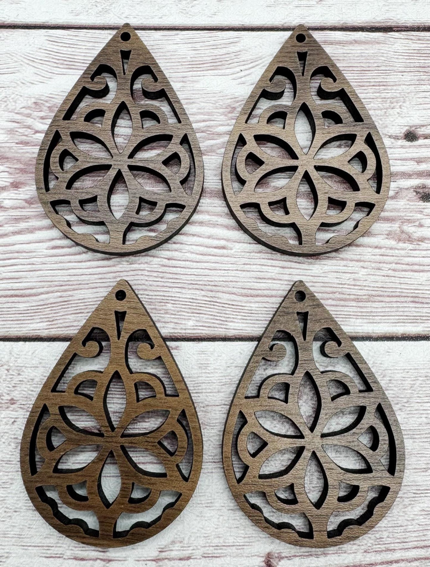 Wood Teardrop Flower Cutout #2 Earring Blanks, Finished Walnut Blank, DIY Jewelry Making
