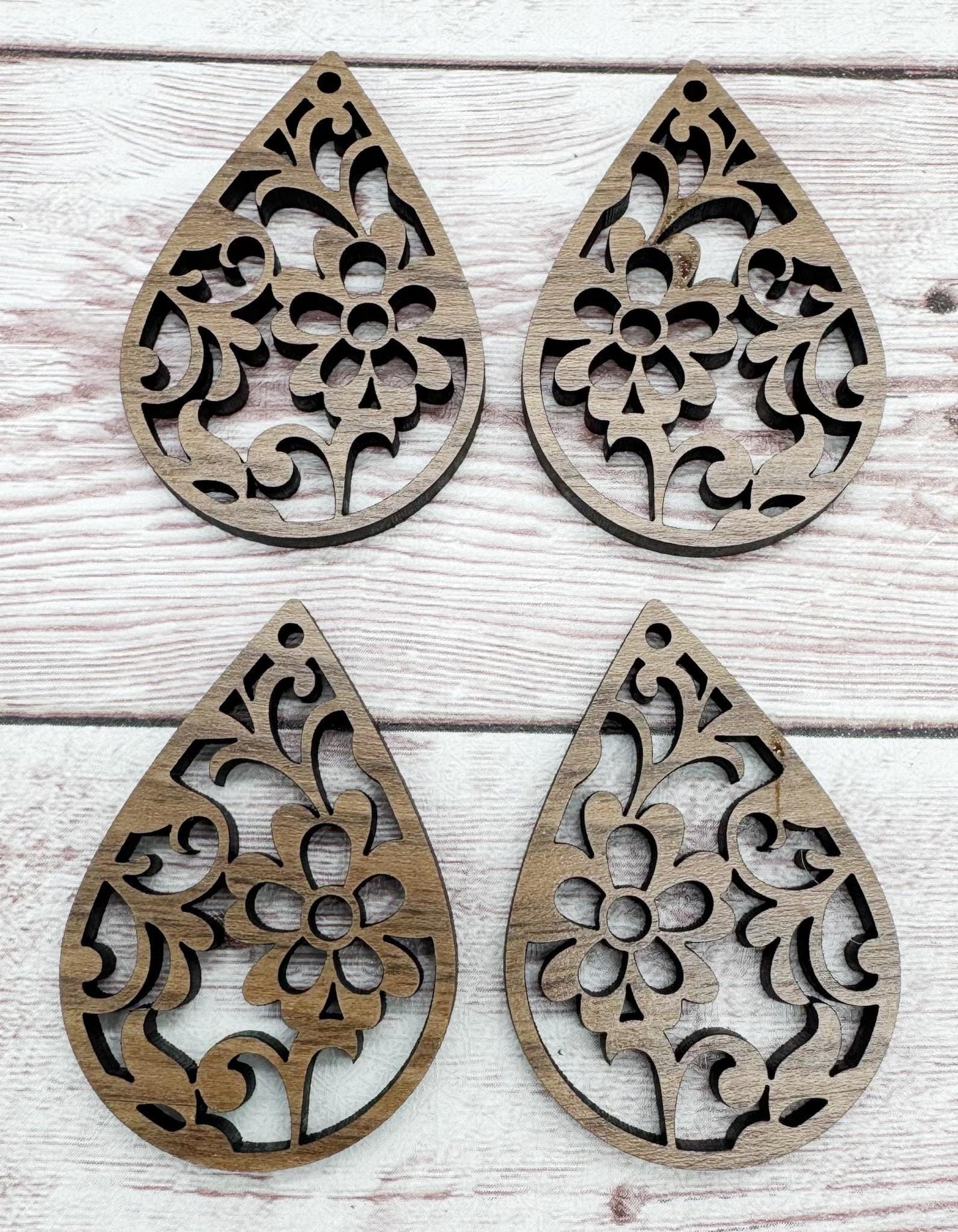 Wood Teardrop Flower Cutout #3 Earring Blanks, Finished Walnut Blank, DIY Jewelry Making