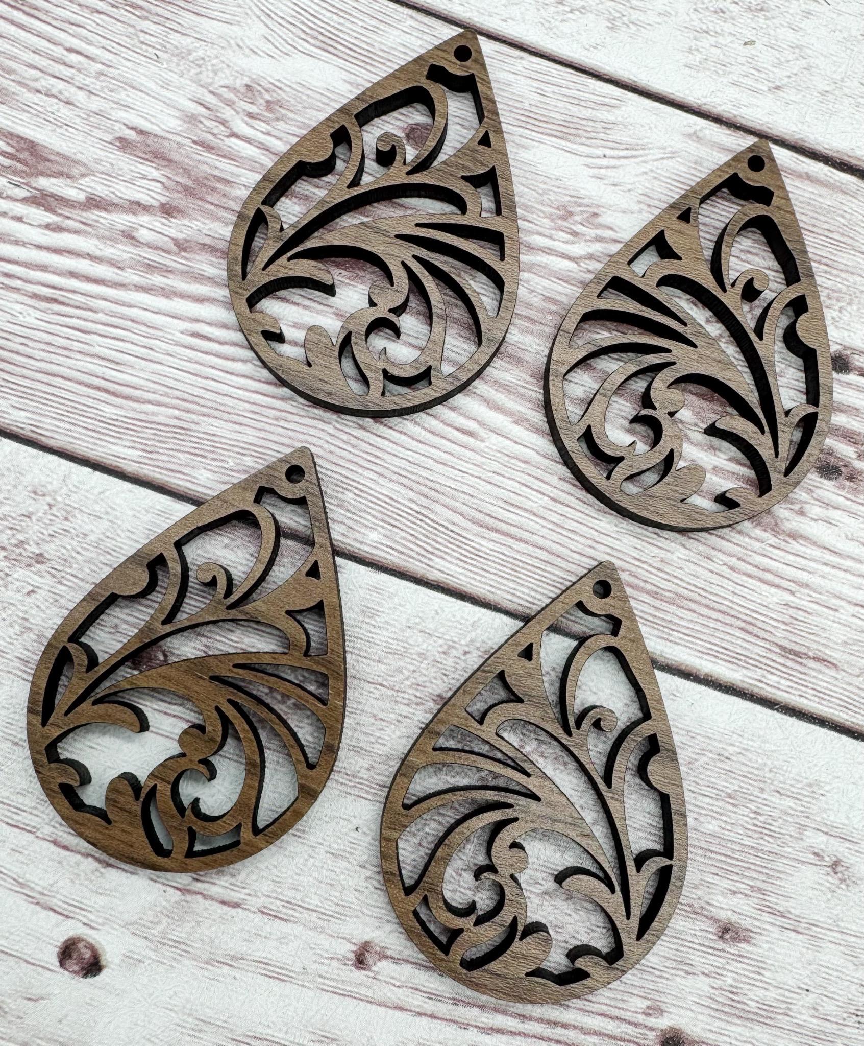 Wood Teardrop Damask Cutout Earring Blanks, Finished Walnut Blank, DIY Jewelry Making